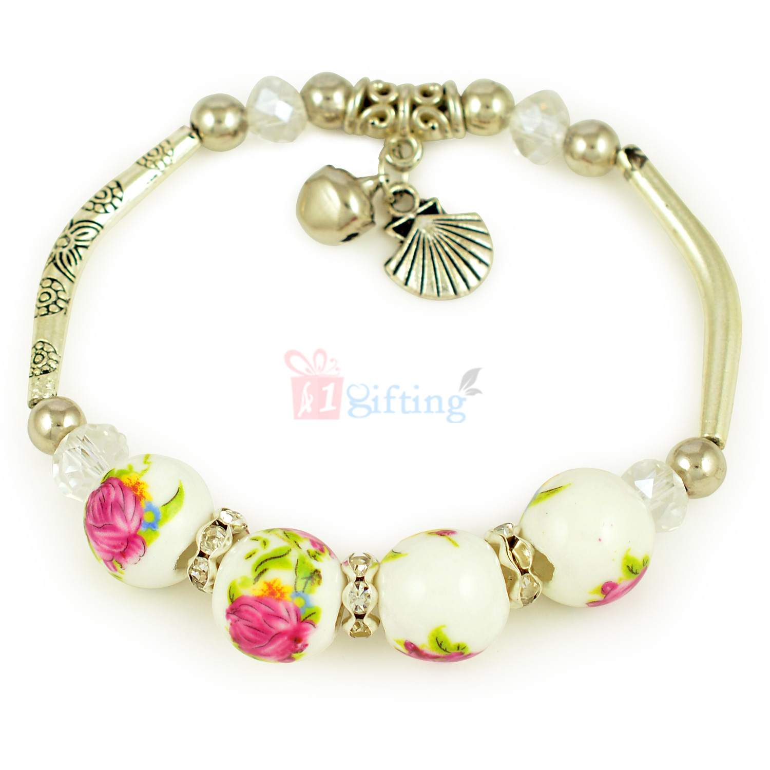 Ball Shaped Colorful and Diamond Beads Silver Bracelet