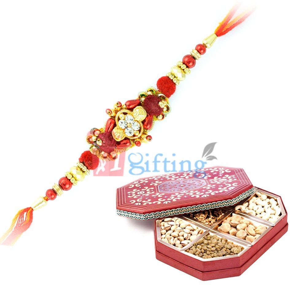 Fancy Mangal Beads Rakhi with fresh Dry fruit Box
