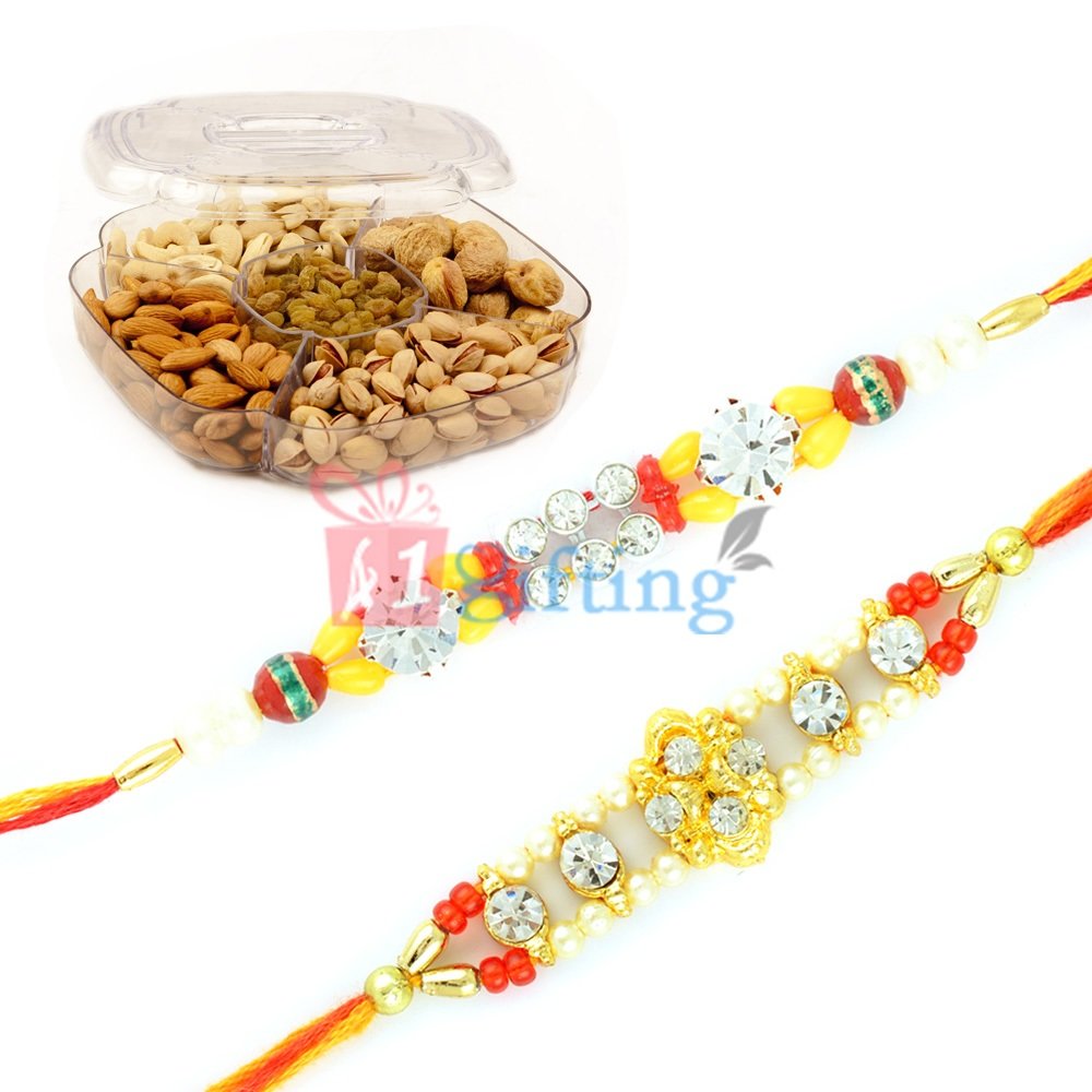 Briliant Jewel Pearl Beads Rakhi Pair with fresh Dry fruit Box