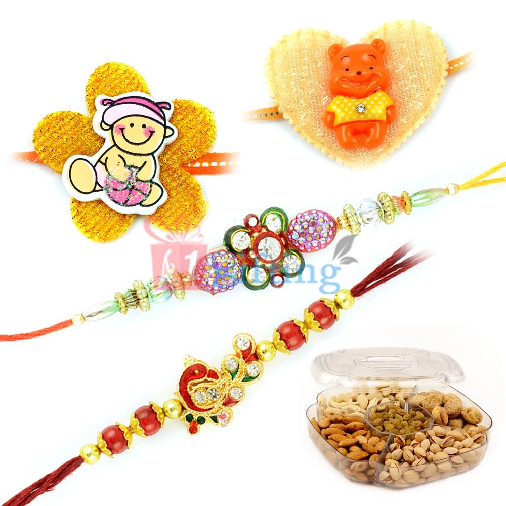 Exclusive Peacock Jewel with Kids Pair Rakhi with Dry fruits