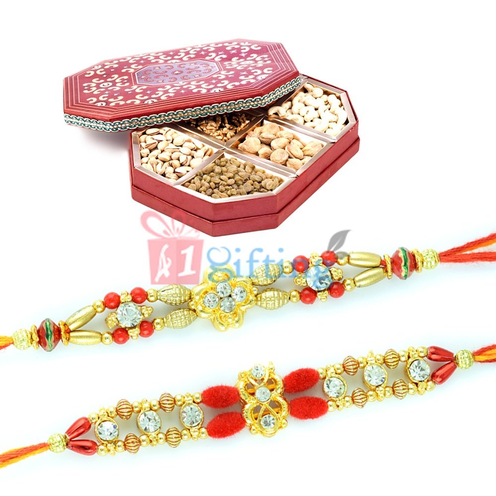 Thrilling Designer Beads Diamond Twin Rakhi Set with Dry fruits
