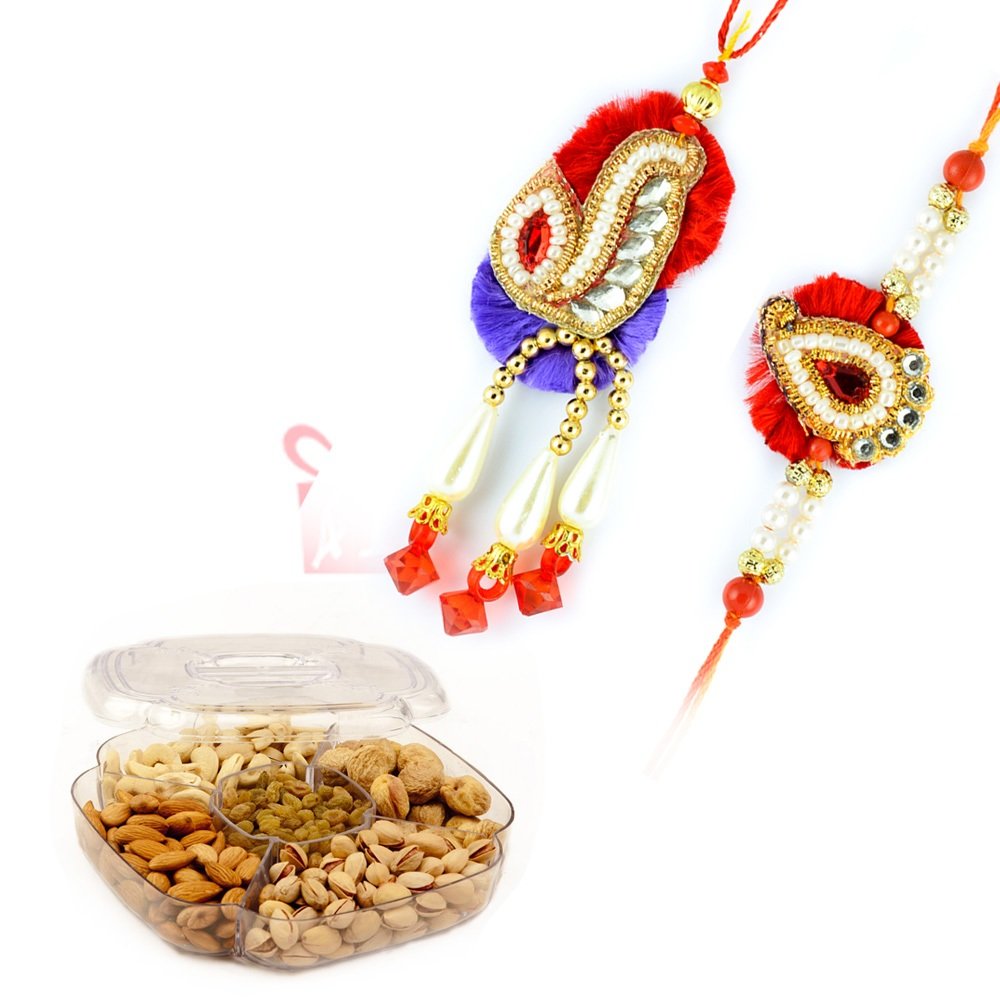 Kundan Pearl Traditional Pair Rakhi with Bandhan Dry fruits Pack