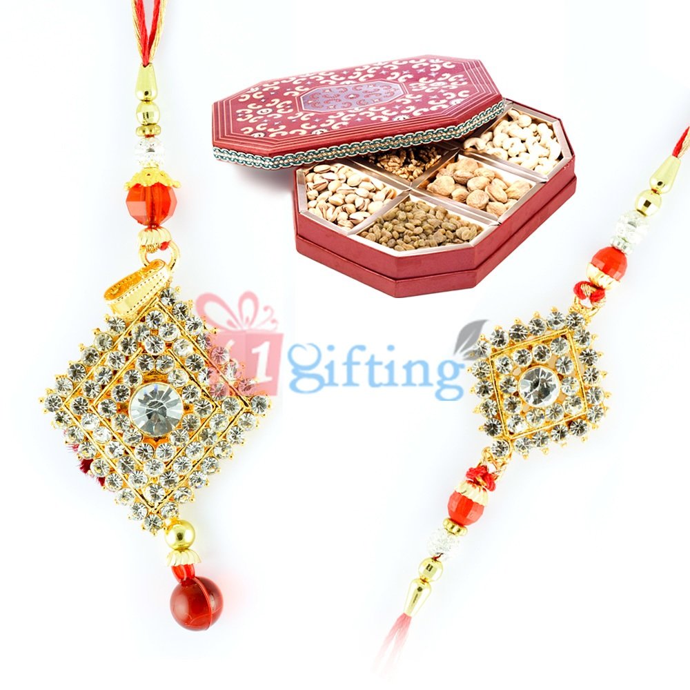 Fanciful Golden Diamond Rakhi Pair with Dried fruits Gift