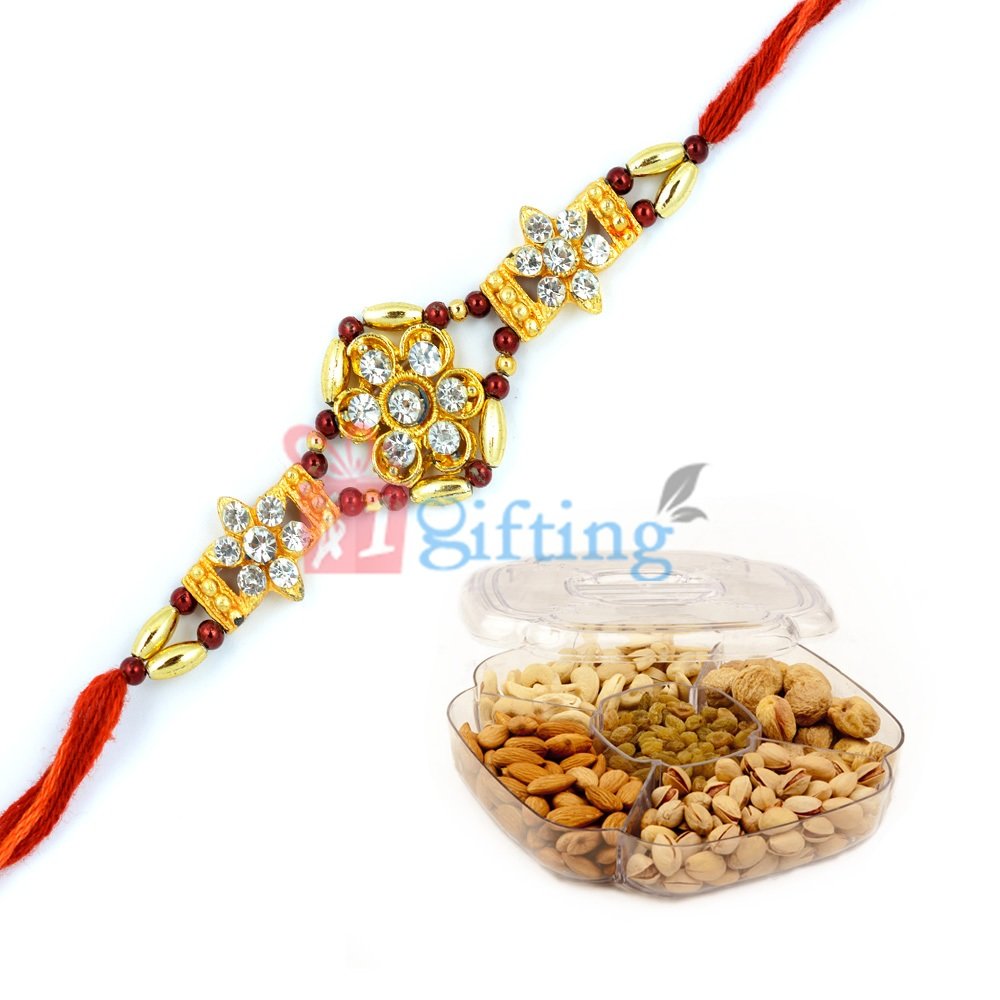 Rice Golden Beads Diamond Rakhi with Small Dry Fruits Box