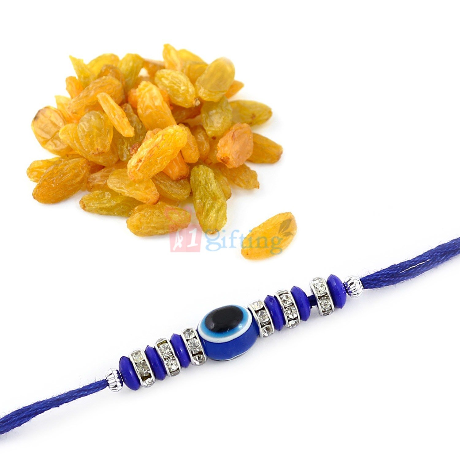 Blue Beads and Diamons Rakhi with Testy Raisins