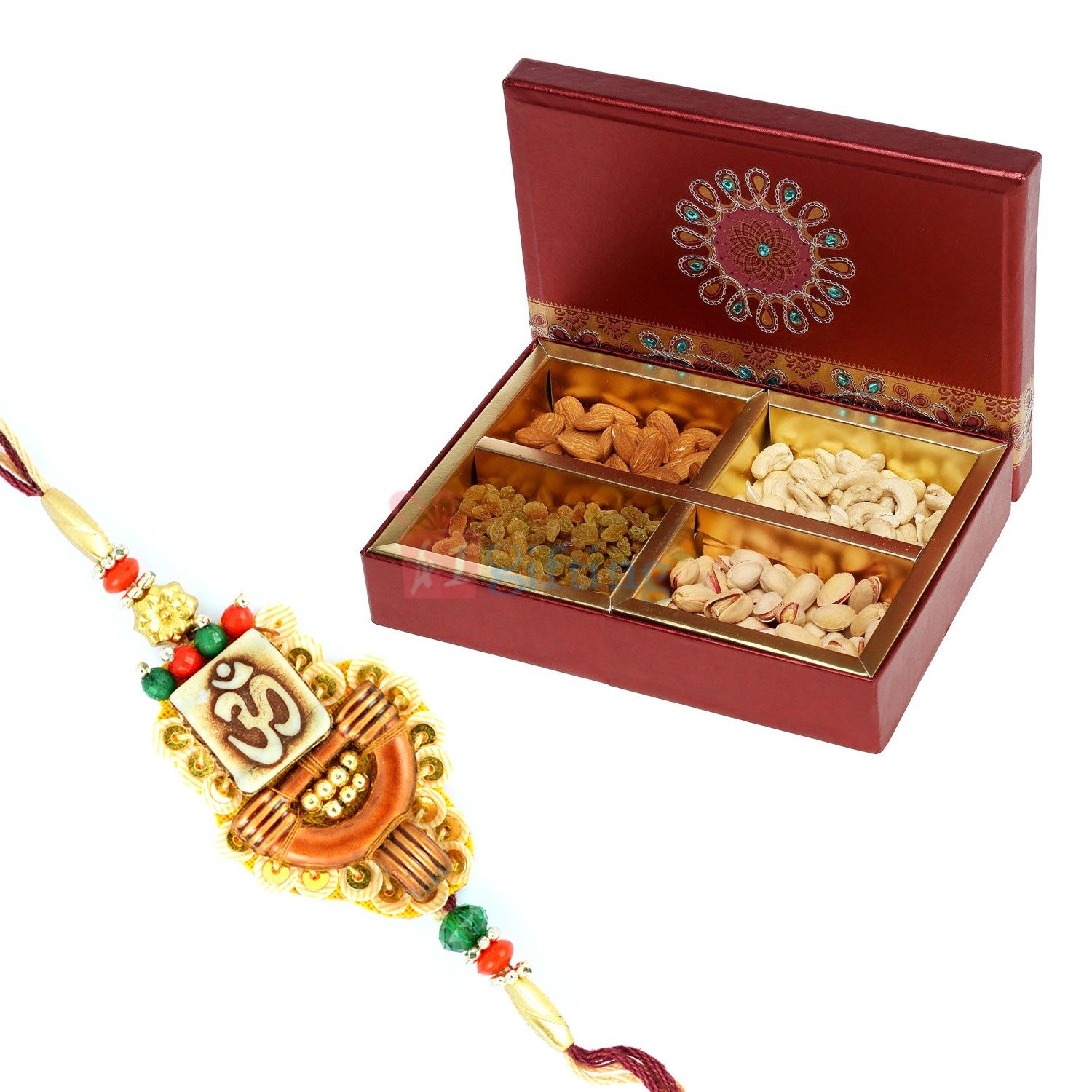 Traditional Om Rakhi With Beautiful Dryfruit Box 4 Type