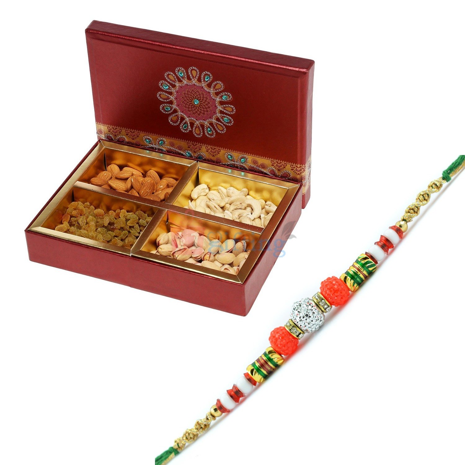4 type Dry Fruit Box with colorful Beads Rakhi