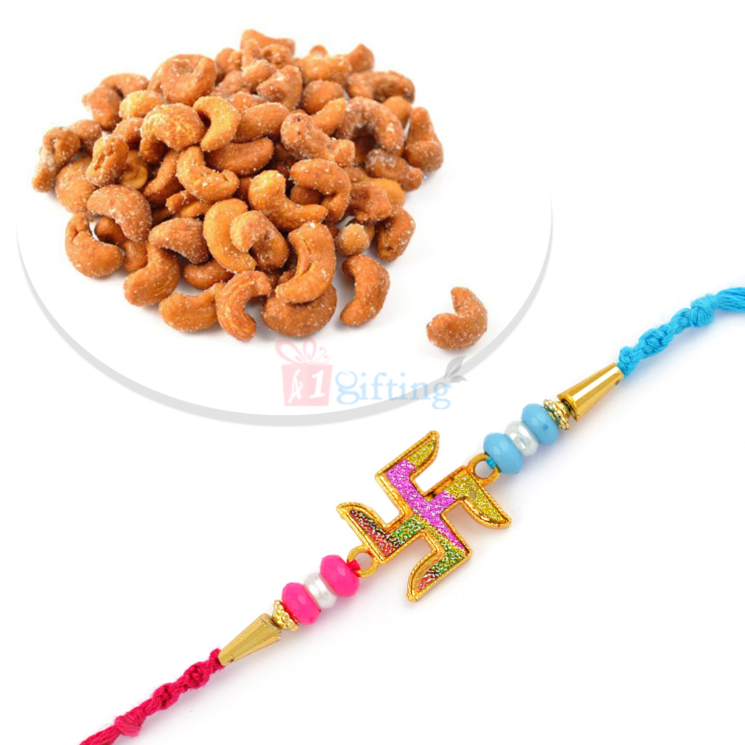 Rosted Cachew with Colorful Swastik Rakhi Combo