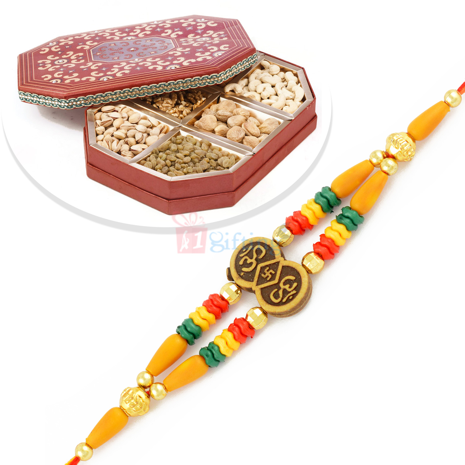 Double String Beads Rakhi with 6 Types of Dryfruit Box Hamper