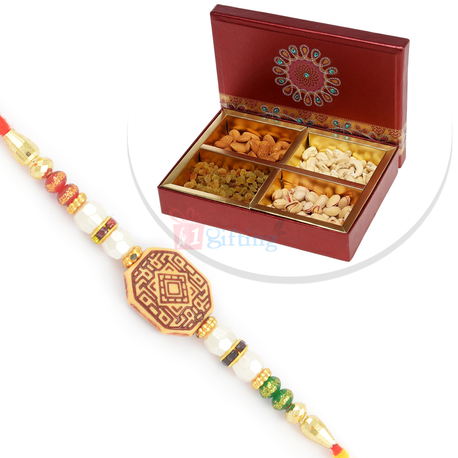 Pearl and Beads Rakhi with Small Dryfruit Box Set