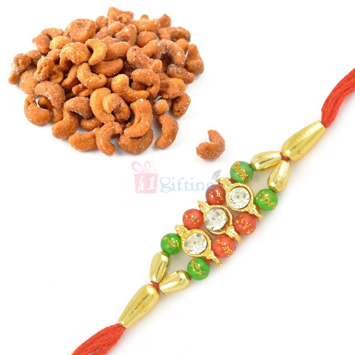Golden Diamond Beads Rakhi with Rosted Kaju Dryfruit Set