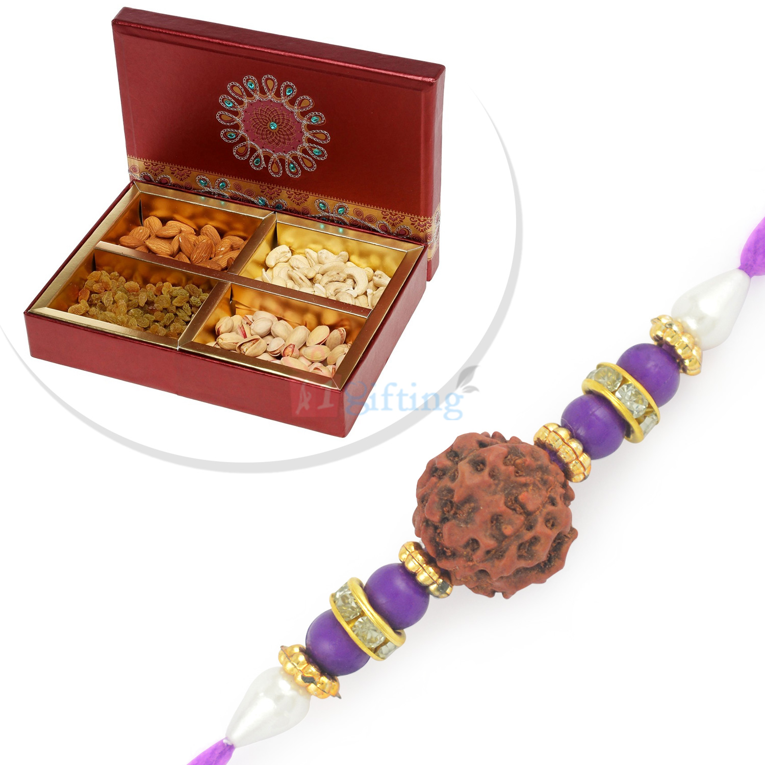 Rudraksh Beads Rakhi Set with 4 Dryfruit Box