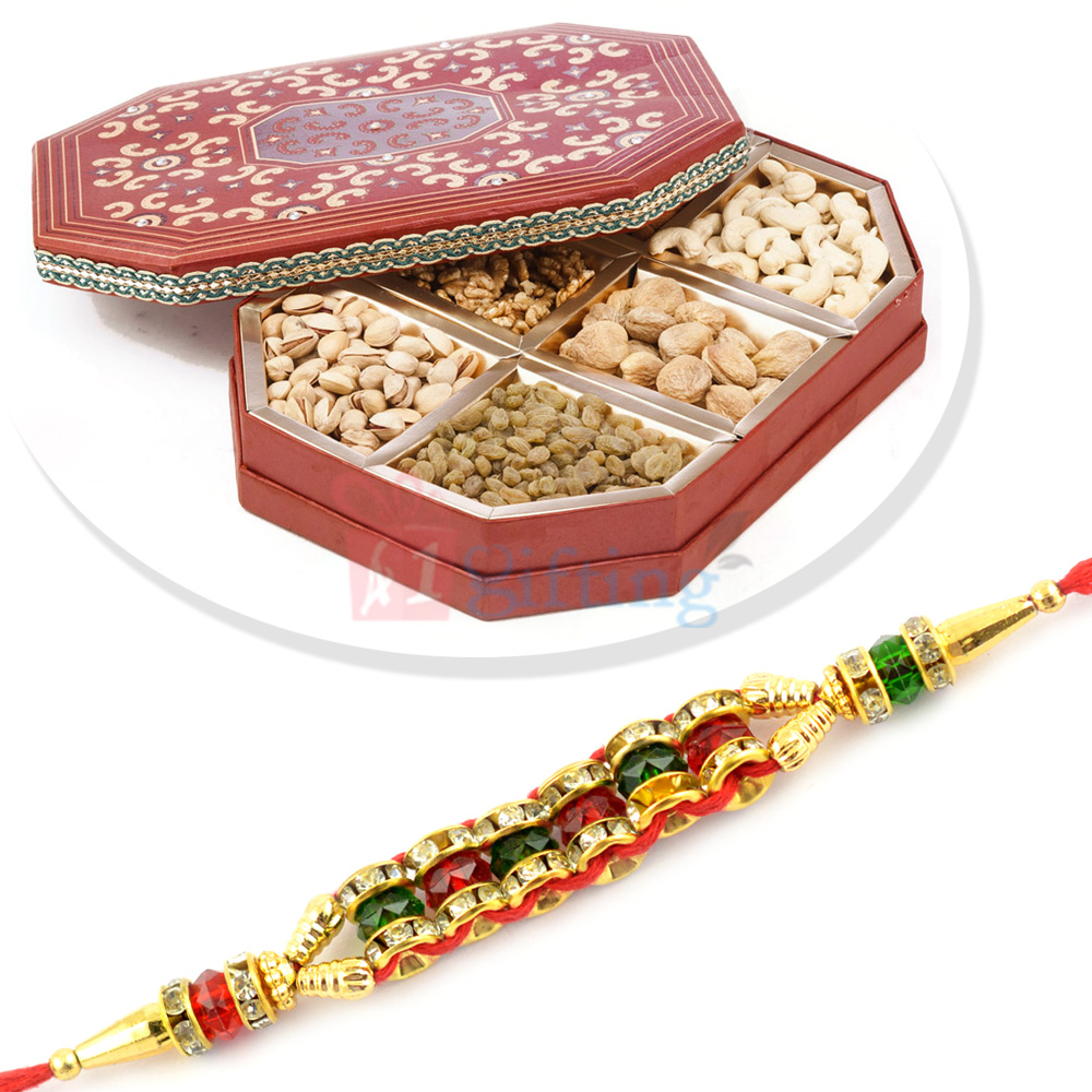 Big Dryfruit Box and Golden Diamond Beads Rakhi Set
