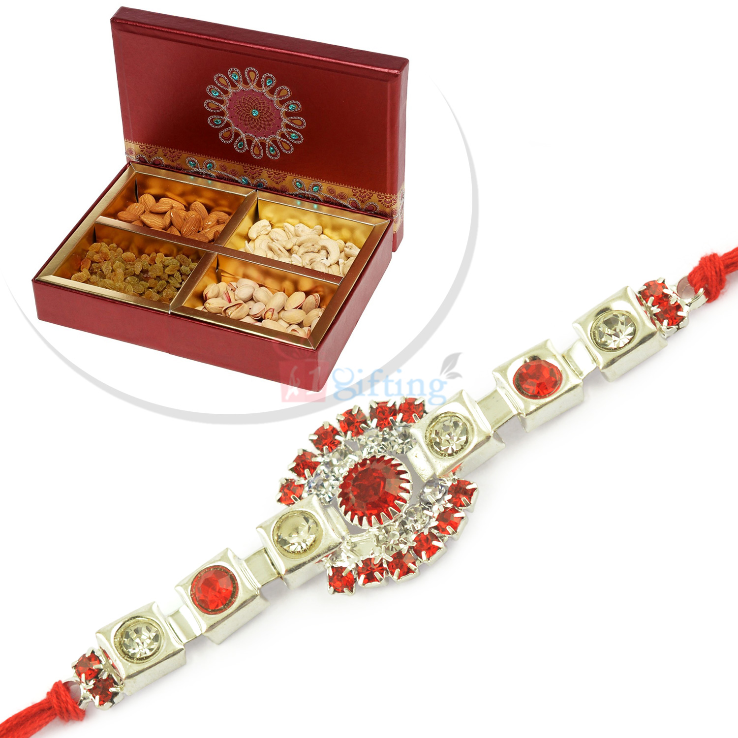 Red Stone and Silver Rakhi with 4 Types of Dryfruits