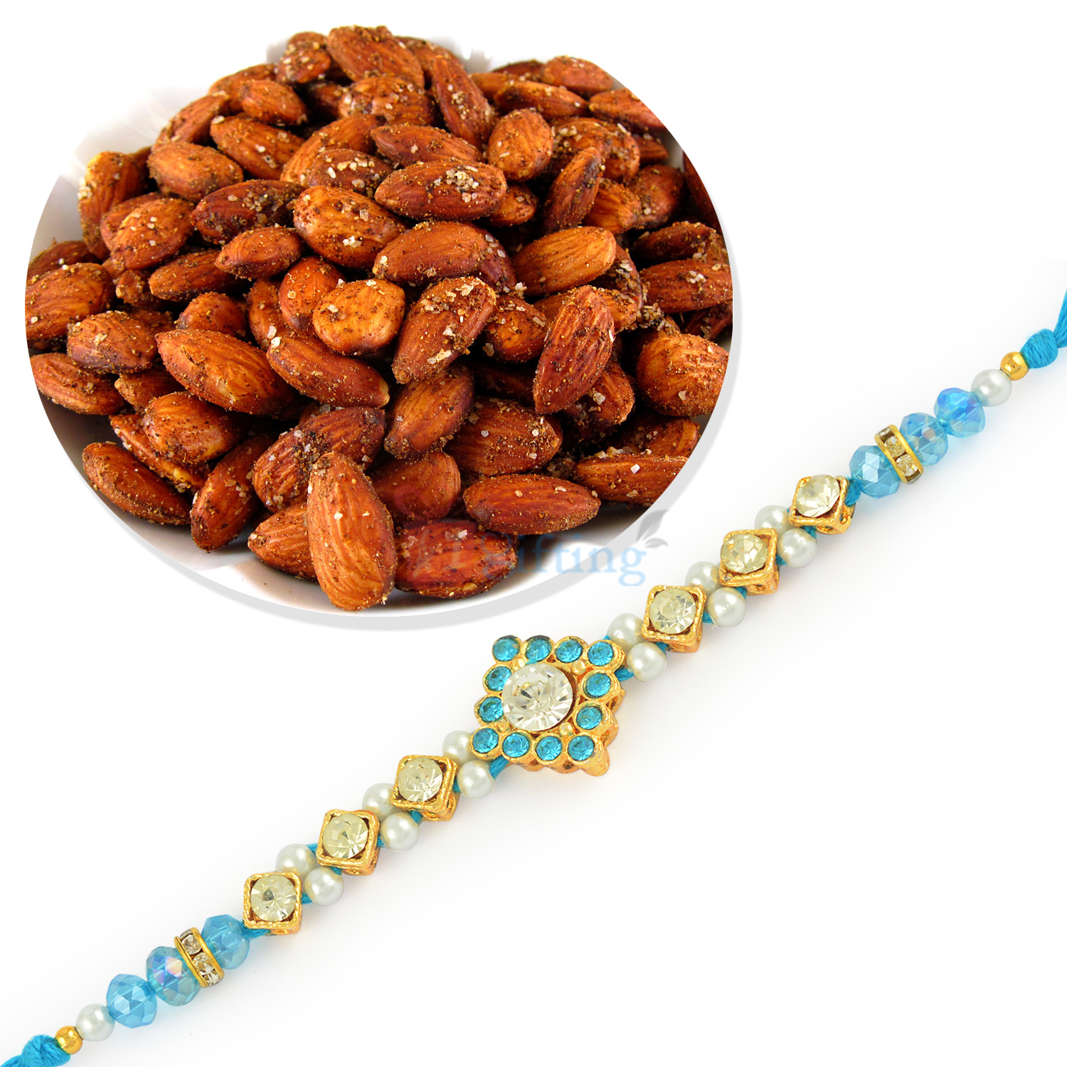 Colorful Diamond Pearl String Rakhi with Fried Badam Hamper