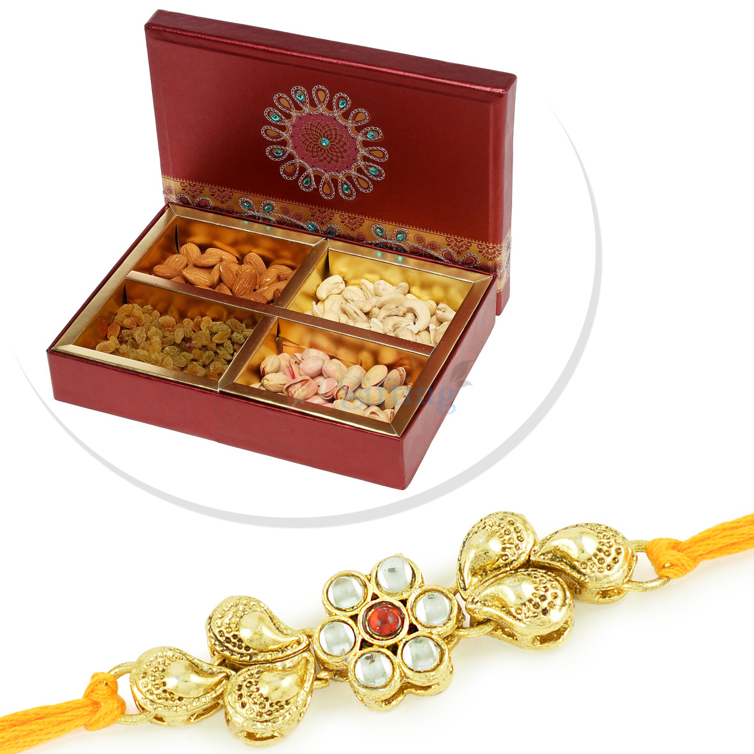 Golden Drops and Kundan Rakhi with Box of 4 Dryfruits