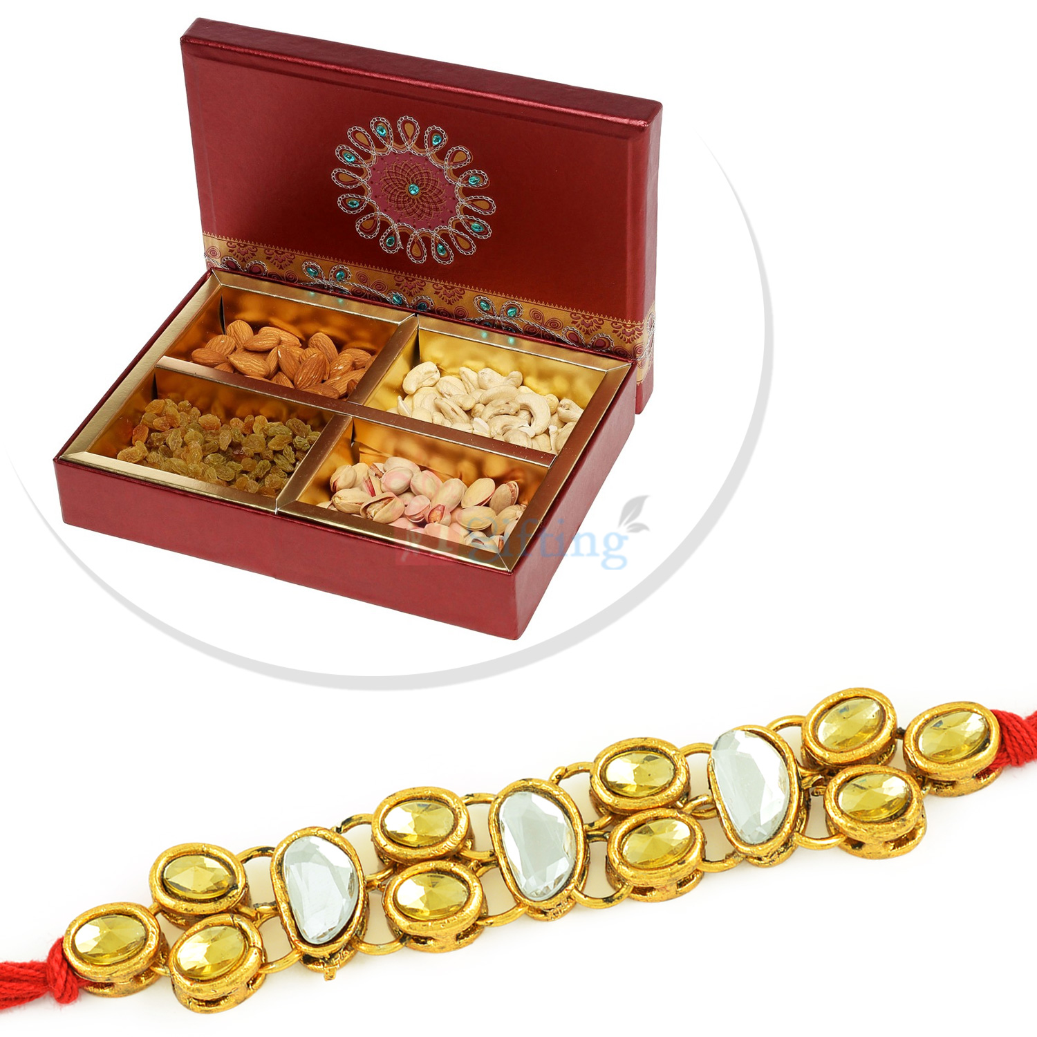 Special Citrine Diamond Golden Rakhi with Dryfruit Box of 4