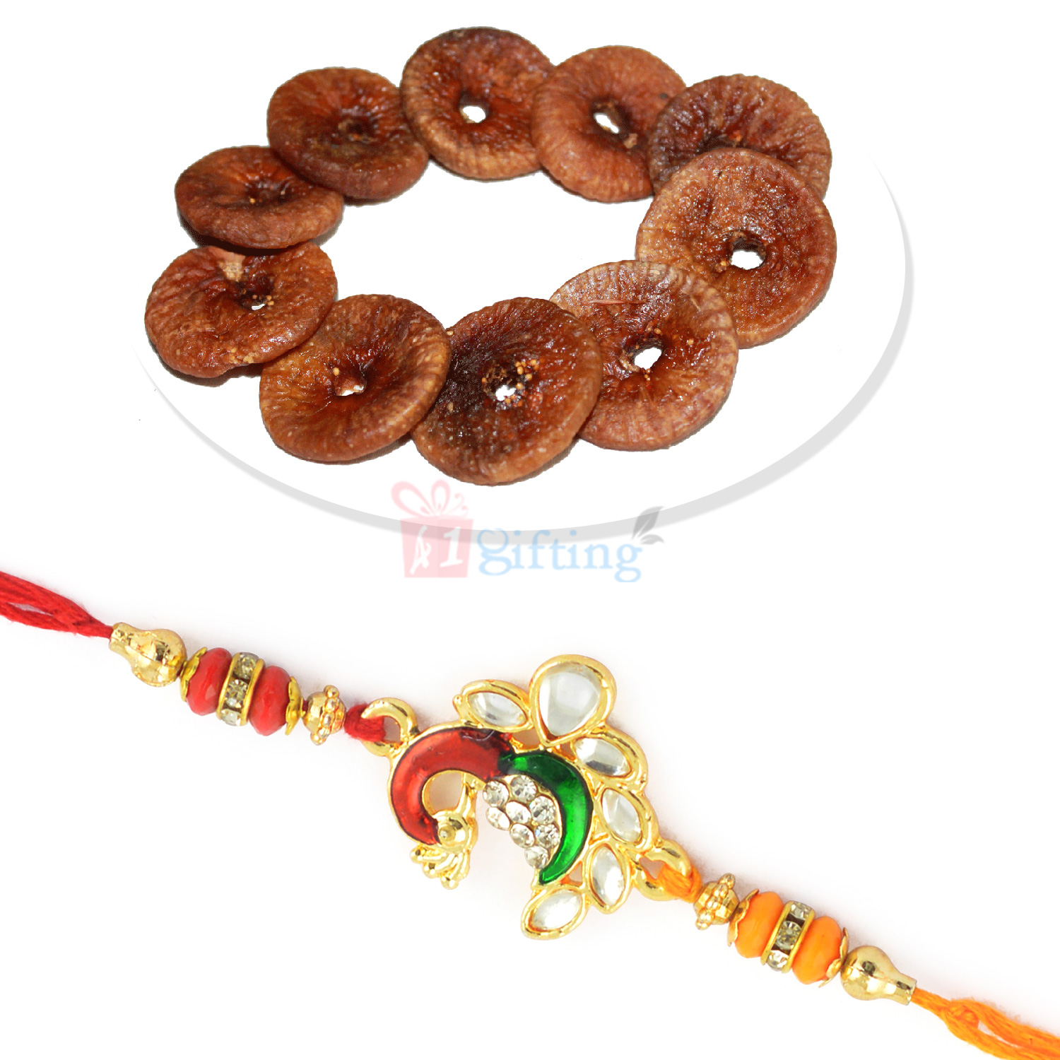 Dried Fig and Kundan Meena Om Golden Mauli Rakhi Set