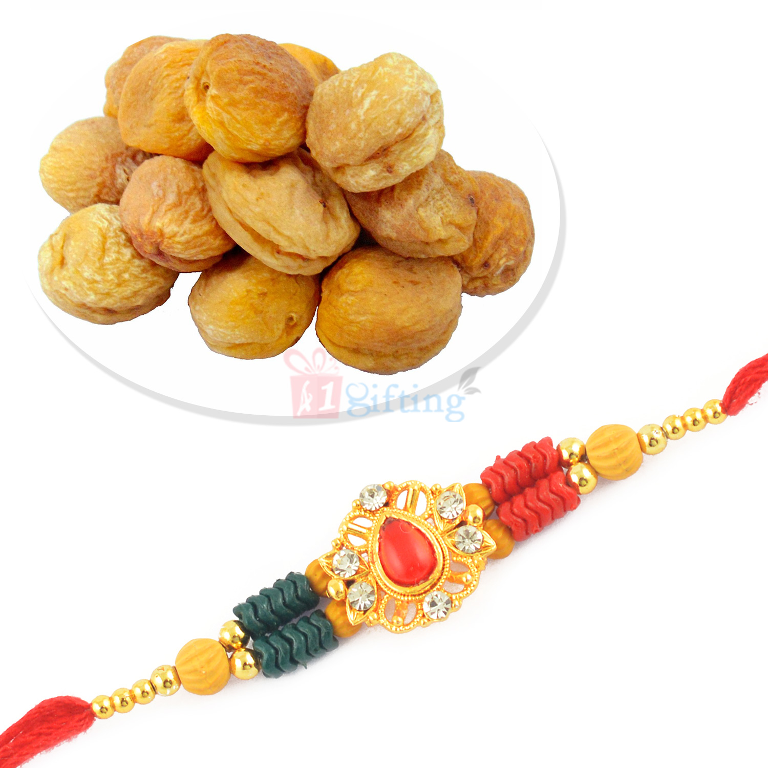 Colorful Beads Diamond Rakhi with Dry Kubani Fruit Hamper
