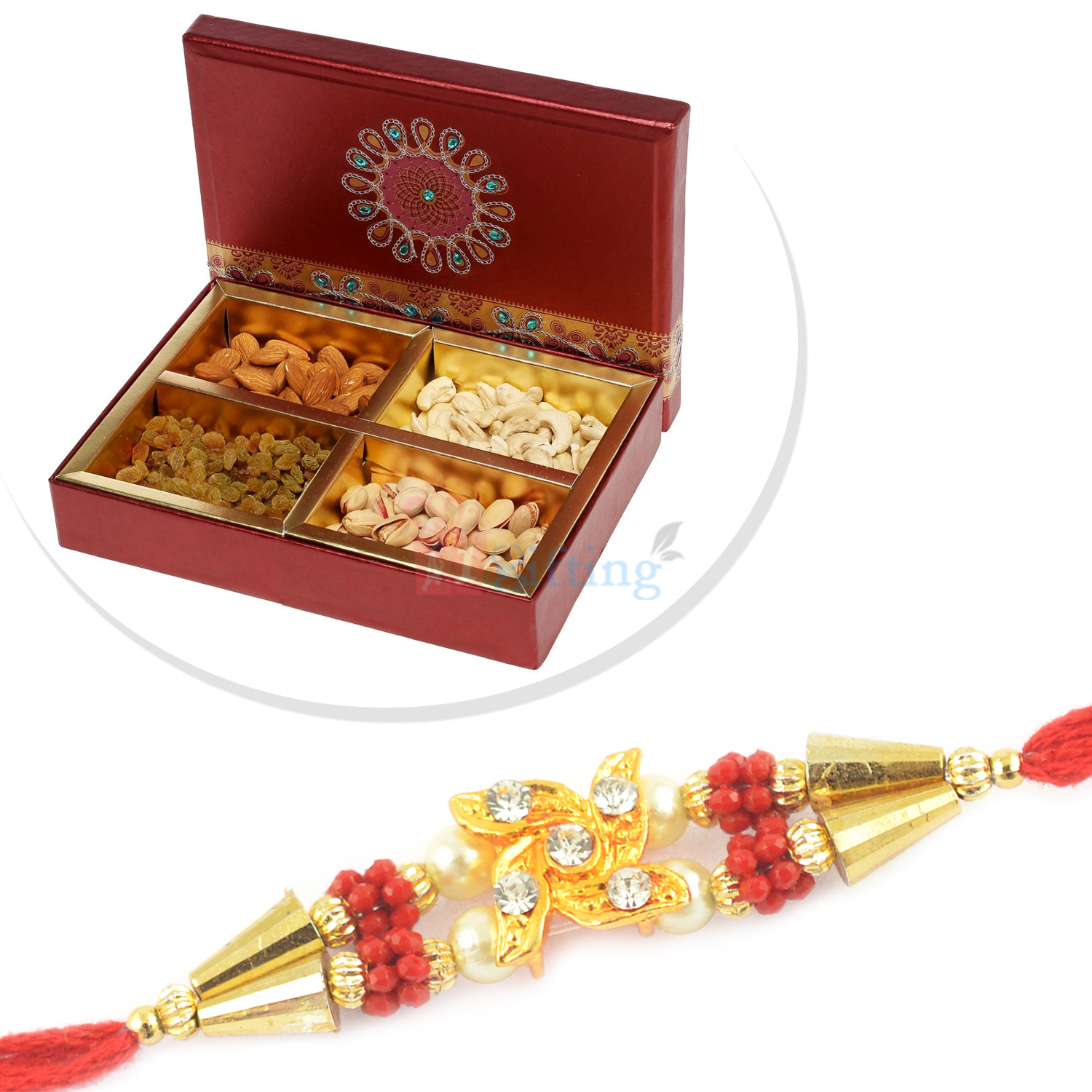 Superb Diamond Beads Rakhi and Small Dry fruit Box