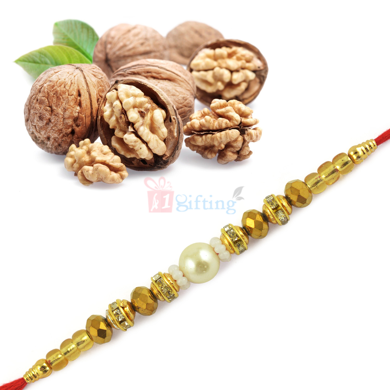 Special Pearl Beads Rakhi and Akhrot Giri Dryfruit Hamper