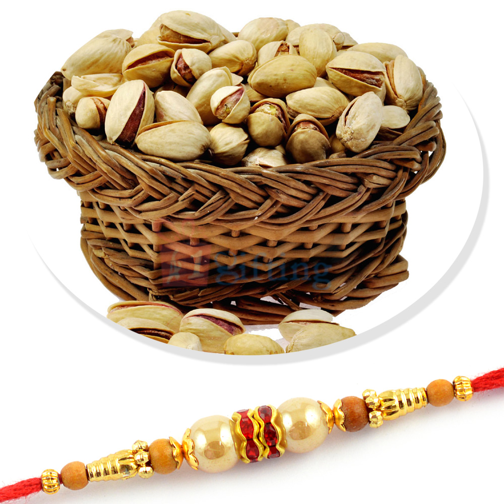 Exclusive Golden Pearl Beads Rakhi with Rosted Pista Combo