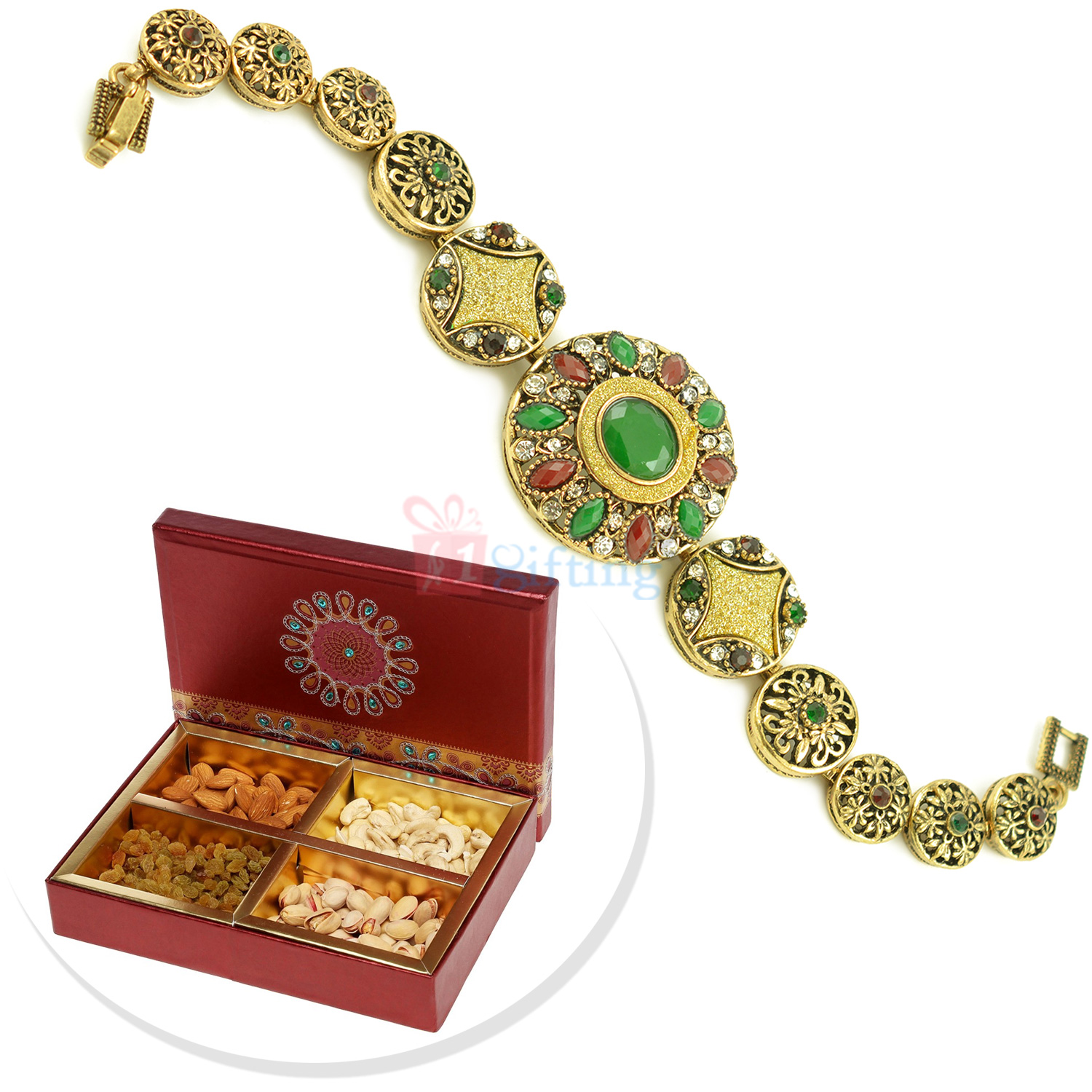 Antique Designer Rakhi Bracelet with 4 Types of Dryfruit Box