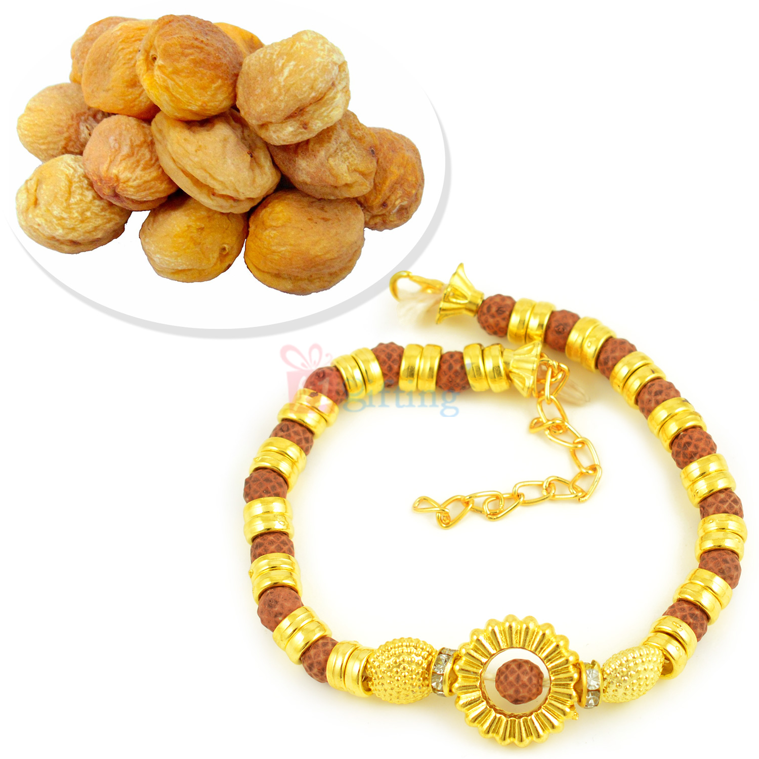 Rich Looking Golden Beads Rakhi Bracelet n Dry Khubani Hamper