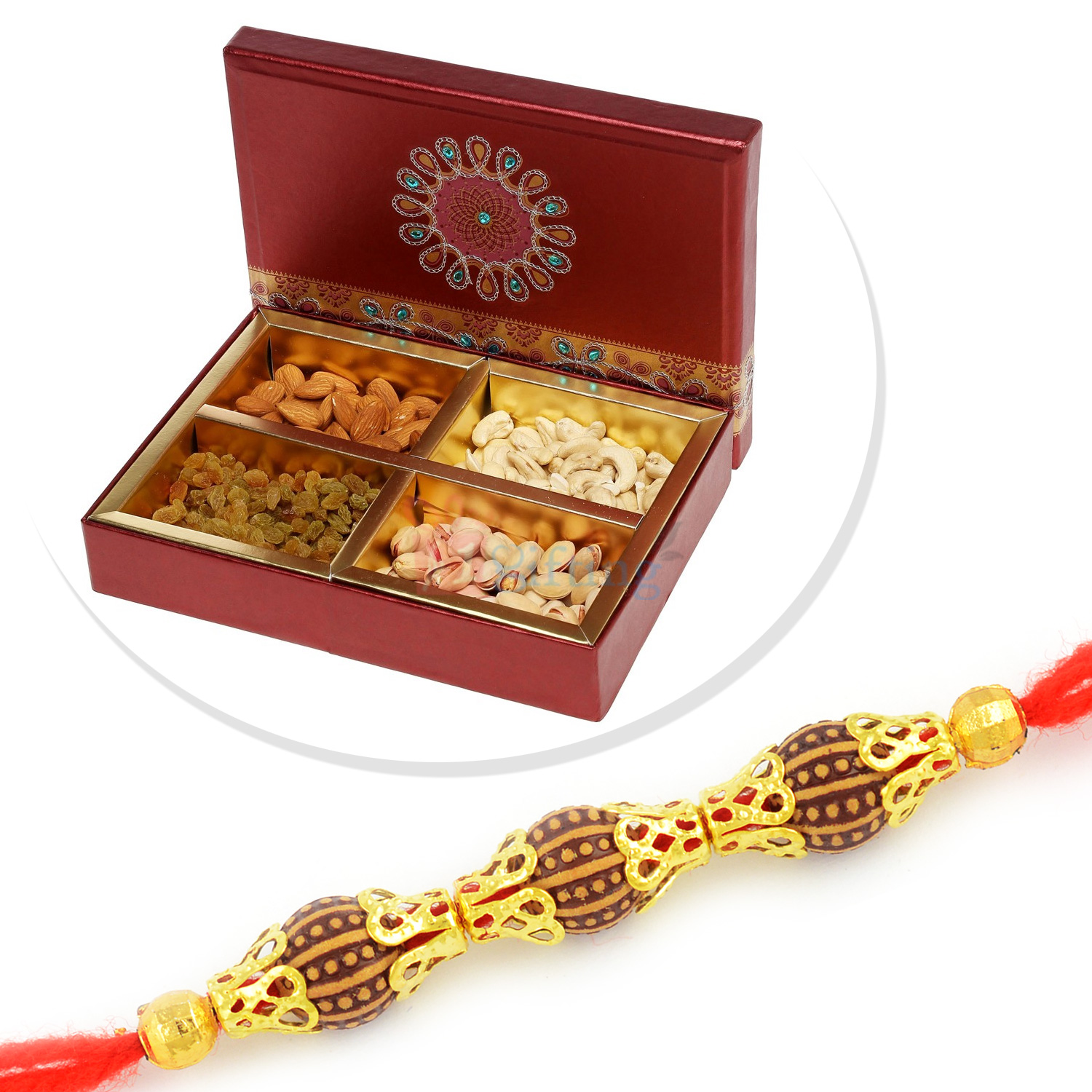 4 Types Dryfruit Box and Golden Beads Rakhi Hamper