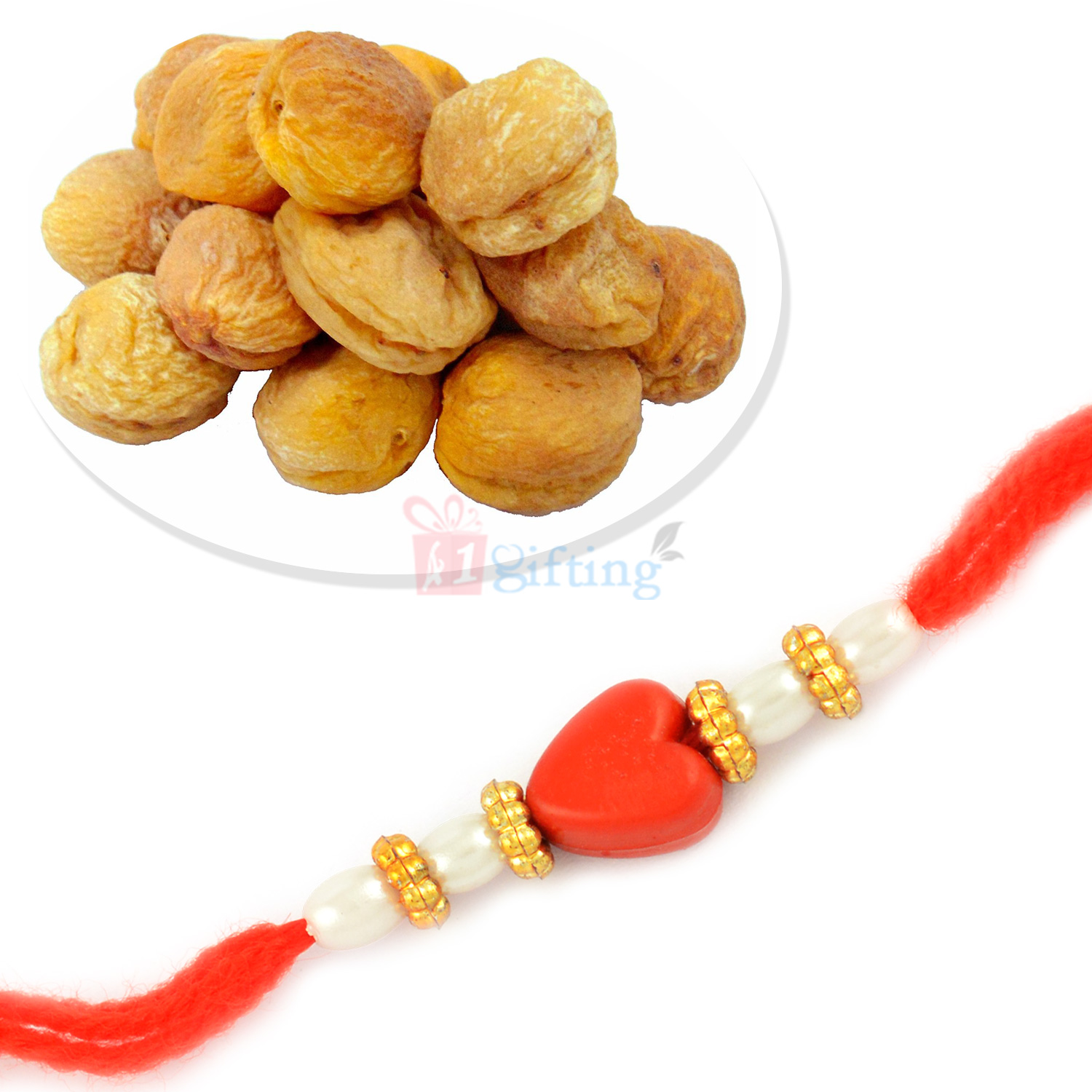 Dry Khubani Fruit and Heart Designer Beads Rakhi Hamper