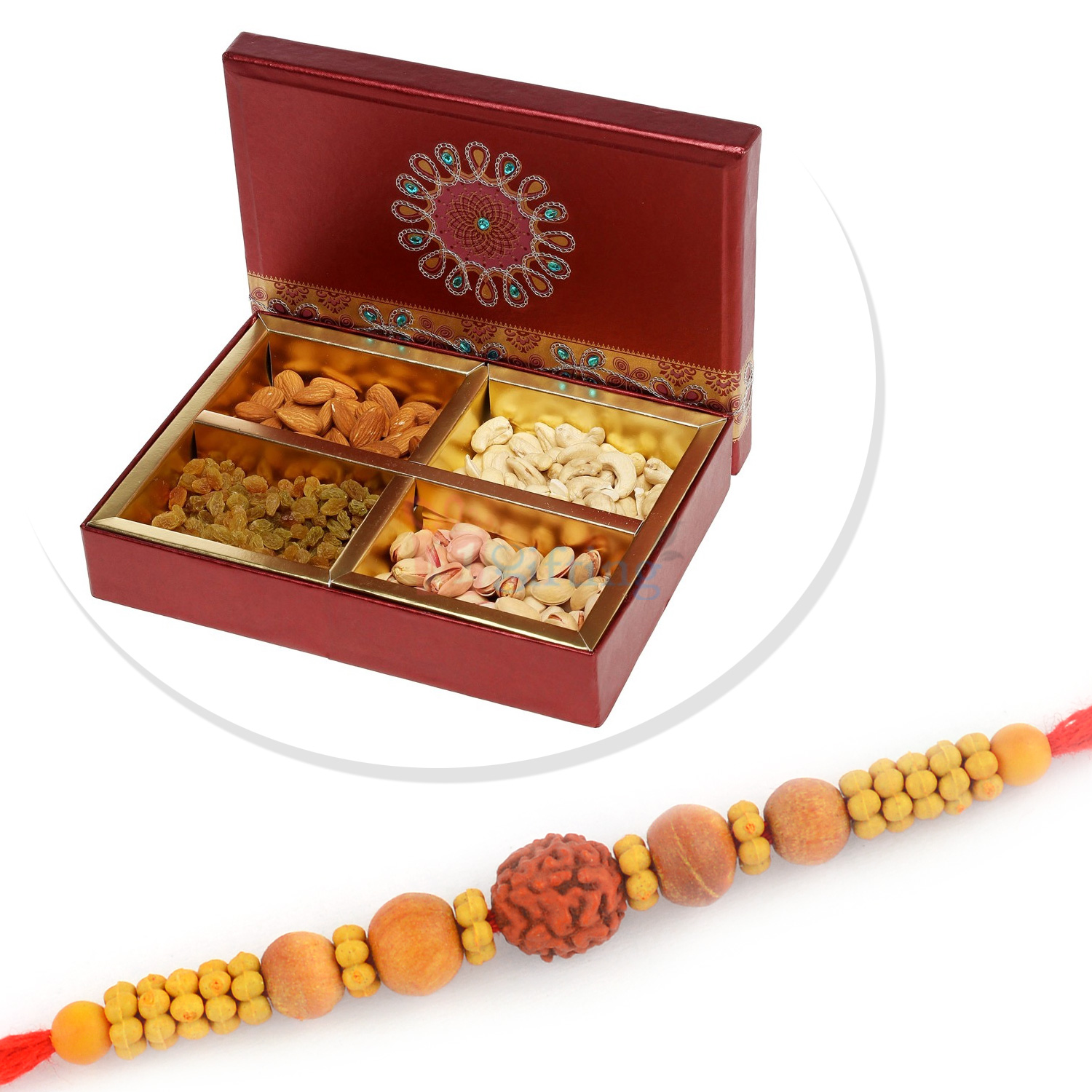 Rudraksh and Wooden Beads Rakhi and 4 Dryfruit Box Hamper
