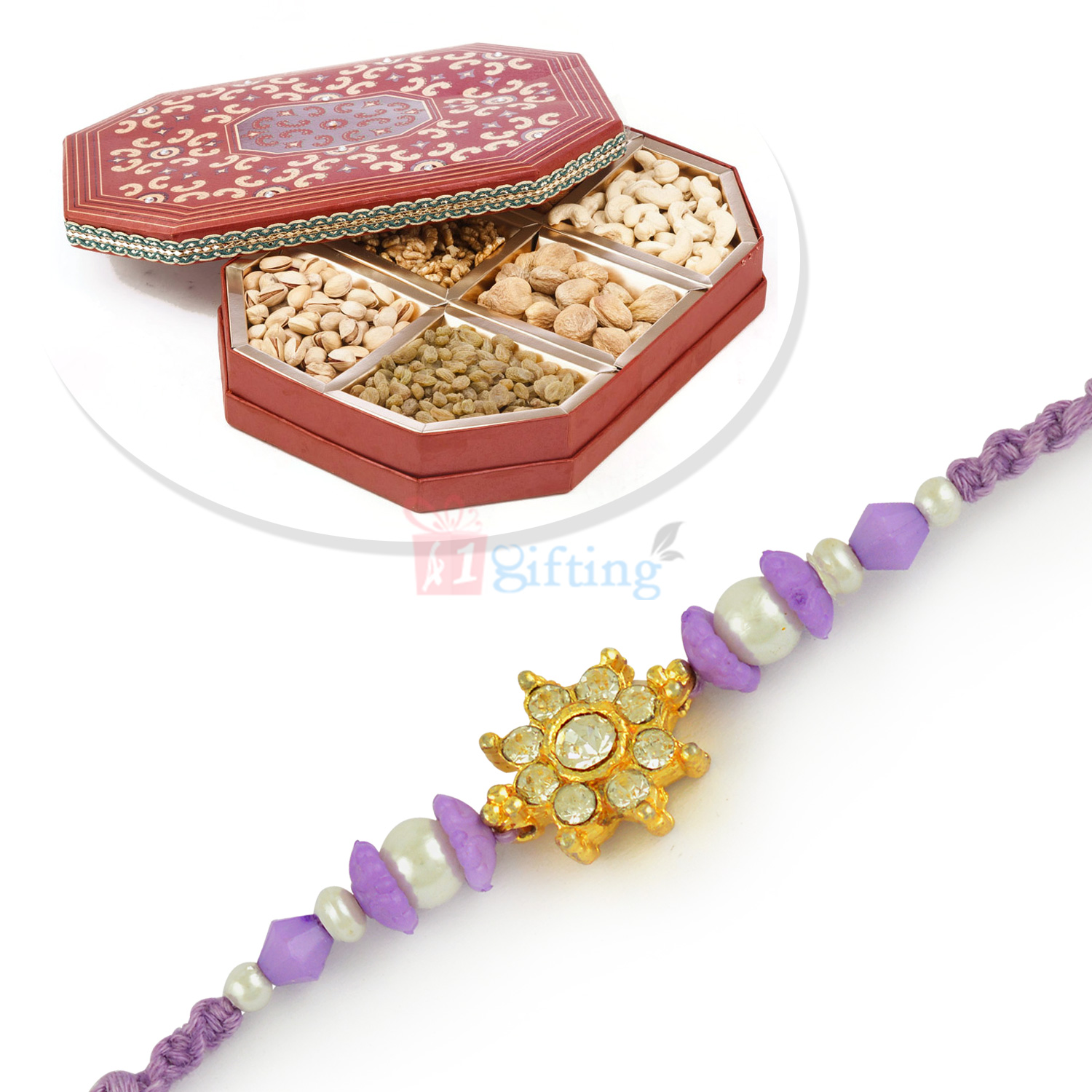 Neon Glow Diamond Beads Rakhi with 6 Dryfruit Types Box