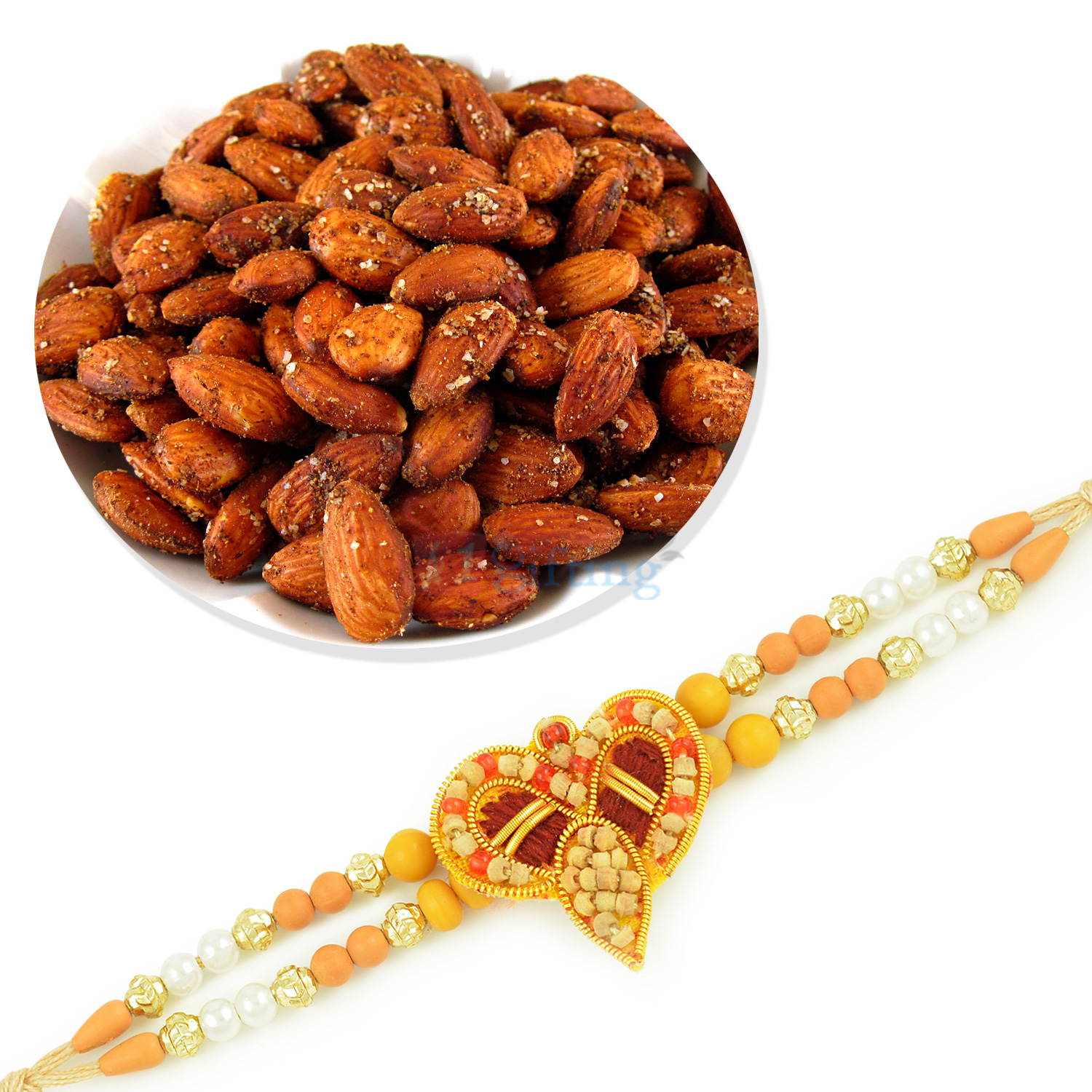 Exclusive Wooden and Beads Rakhi with Rosted Badam Dryfruit