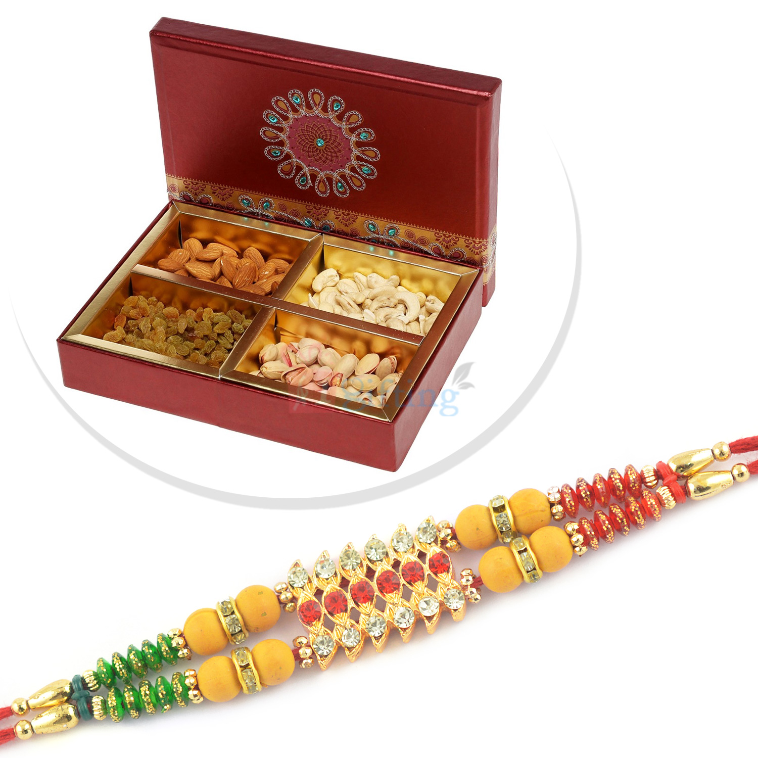 4 Types of Dryfruit Box and Designer Diamond Beads Rakhi Set