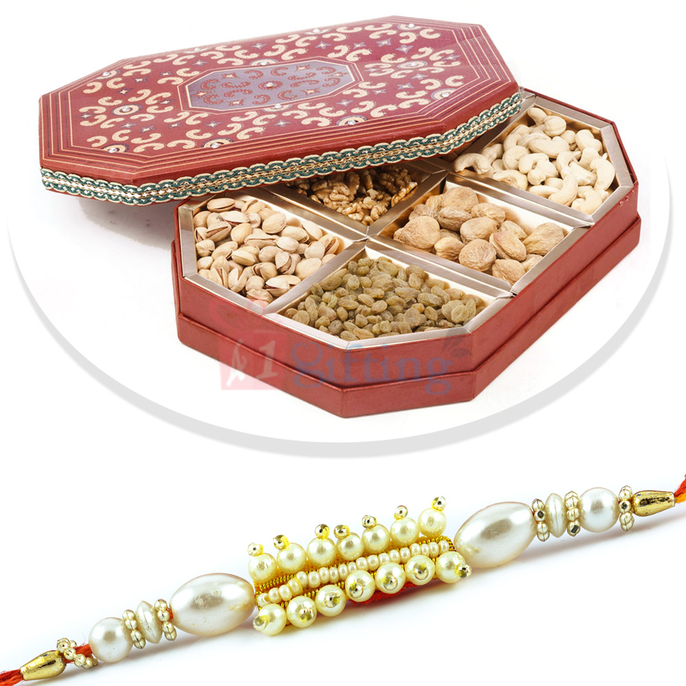 Fine Fresh Pearl Exclusive Rakhi and Dryfruit Box of 6 Types