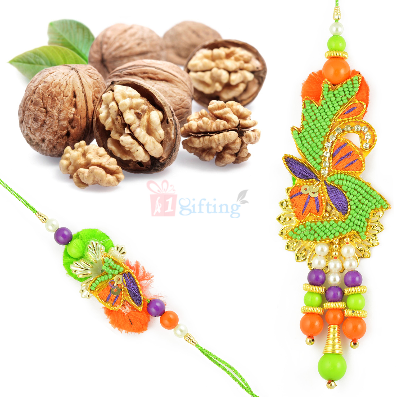 Walnuts with Multi Color Beads Beautiful Rakhi Hamper