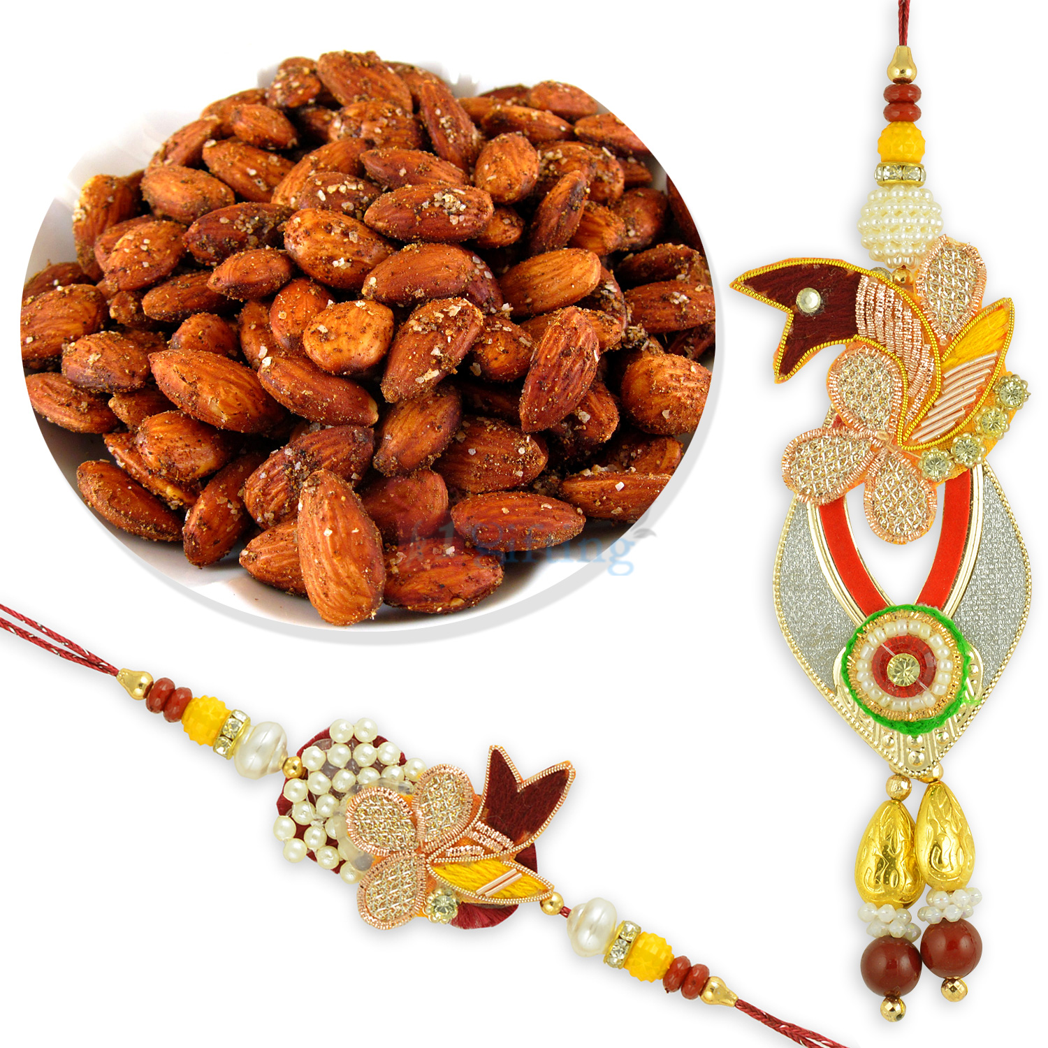 Roasted Almonds with Pearl and Zari Worked Pair Rakhi