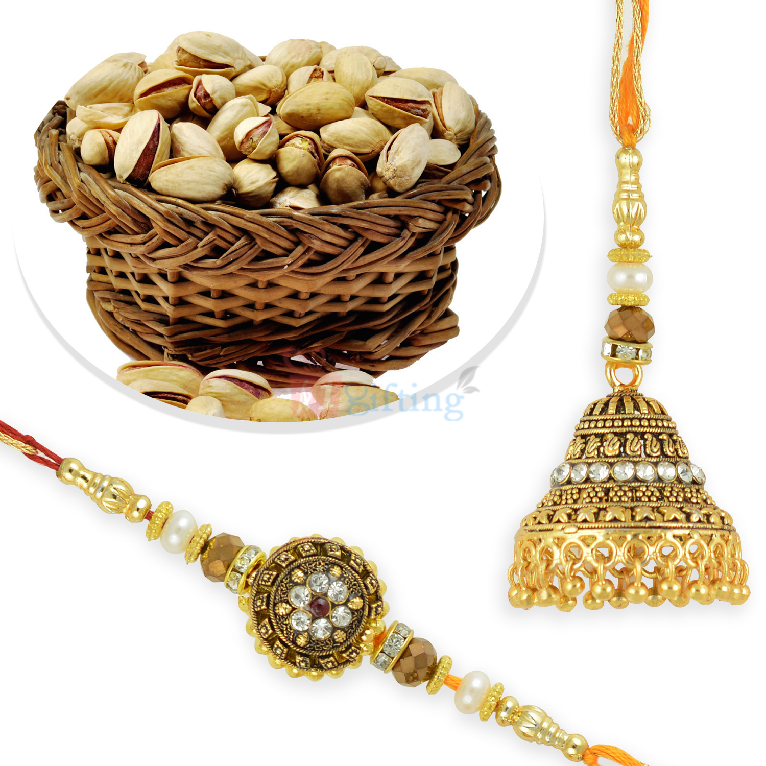 Pista with Antique Look Pair Rakhi Awesome Hamper