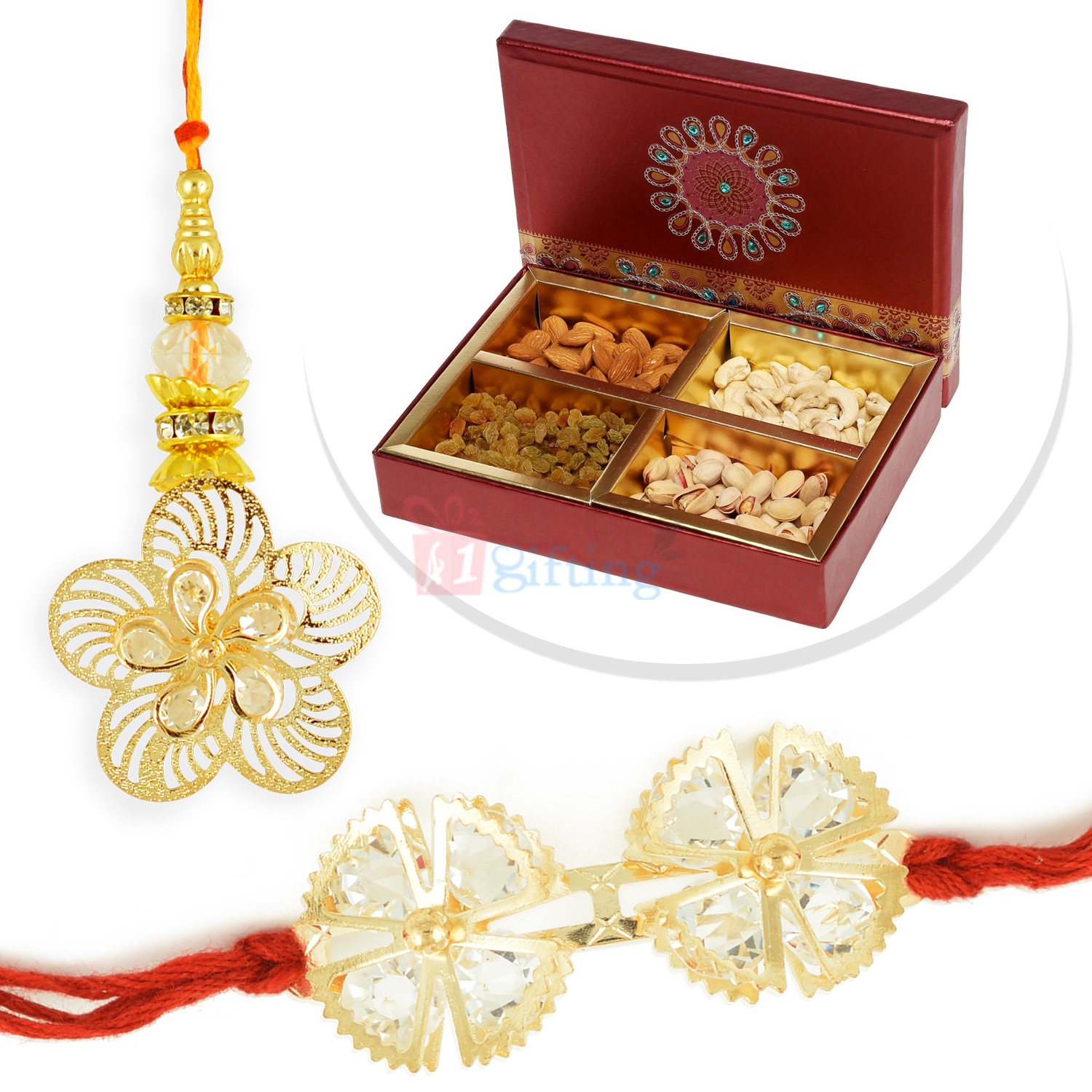 Awesome Flower Golden Pair Rakhi with 4 type Dryfruits