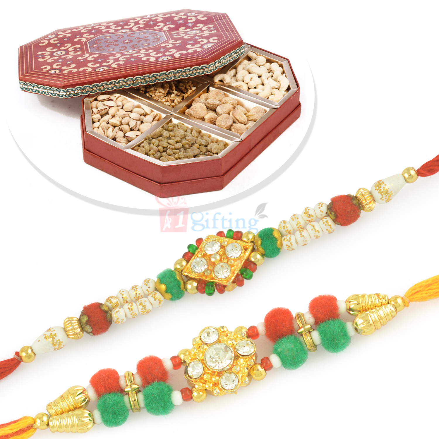 Jewel Beads 2 Rakhi Set with 6 type Dryfruits Box