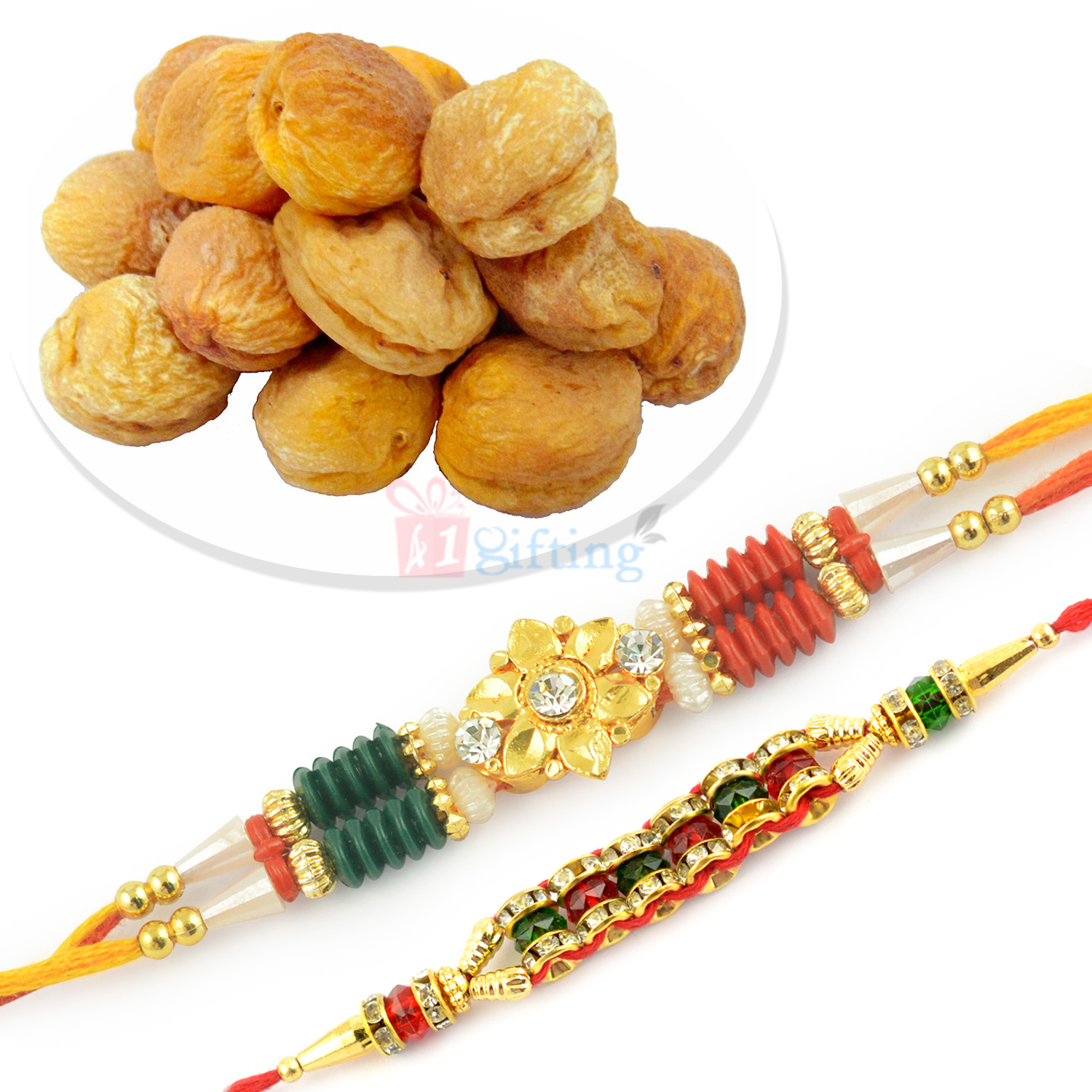 Jewel Golden Touch 2 Rakhi Set with Apricots Dryfruits