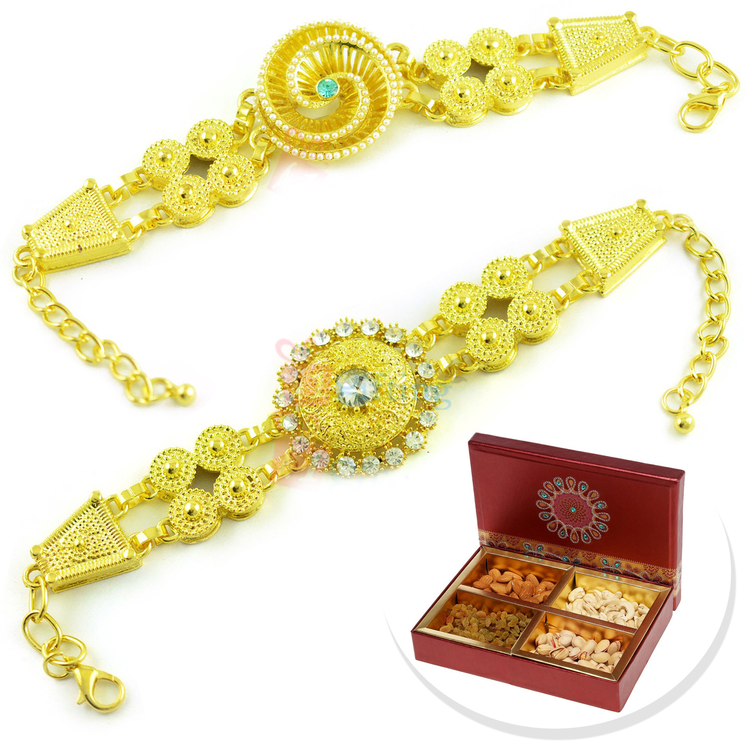 Awesome Golden Jewel Bracelet with 4 type Dryfruits Hamper