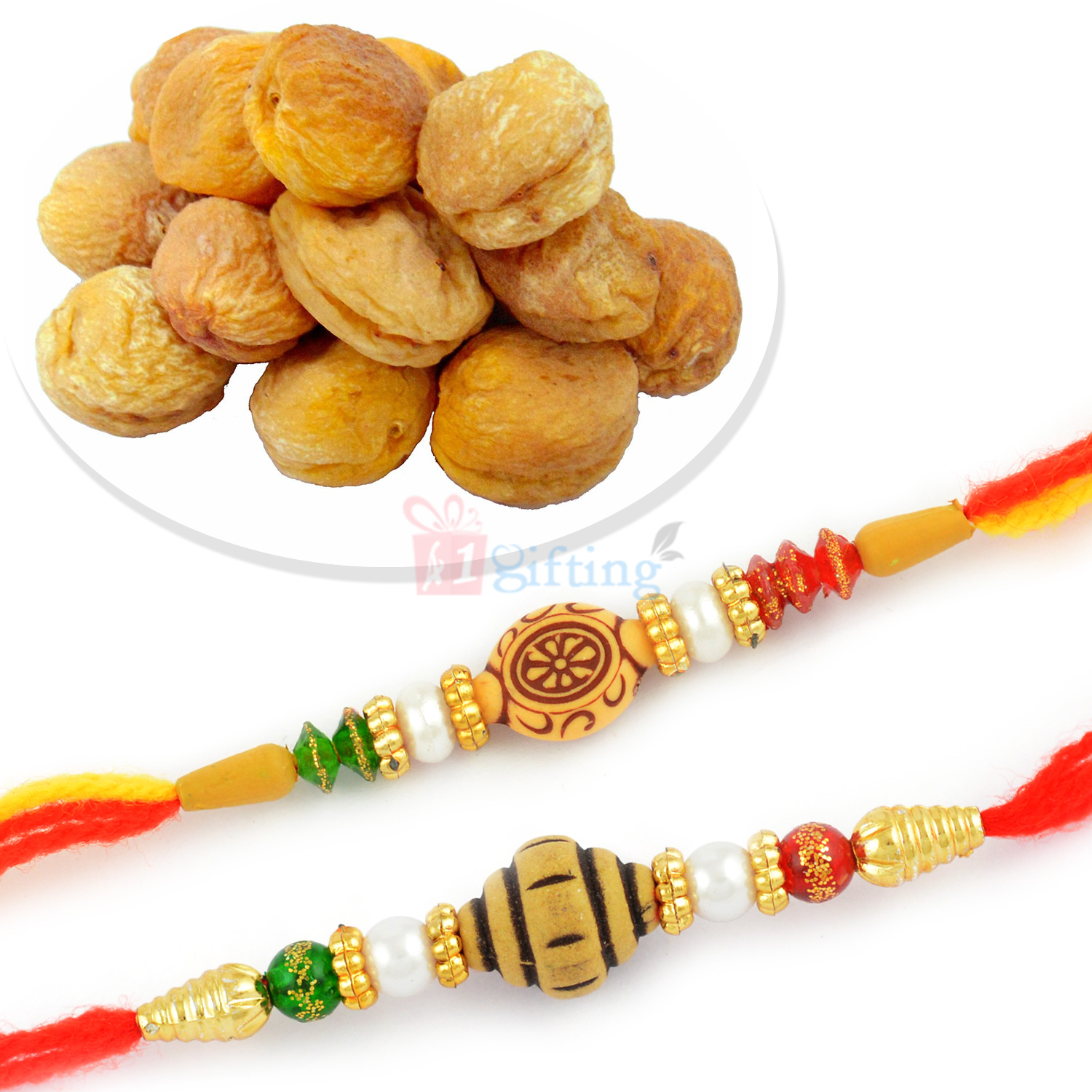 Pearl Beads 2 Mauli Rakhi with Apricots Dryfruits Combo