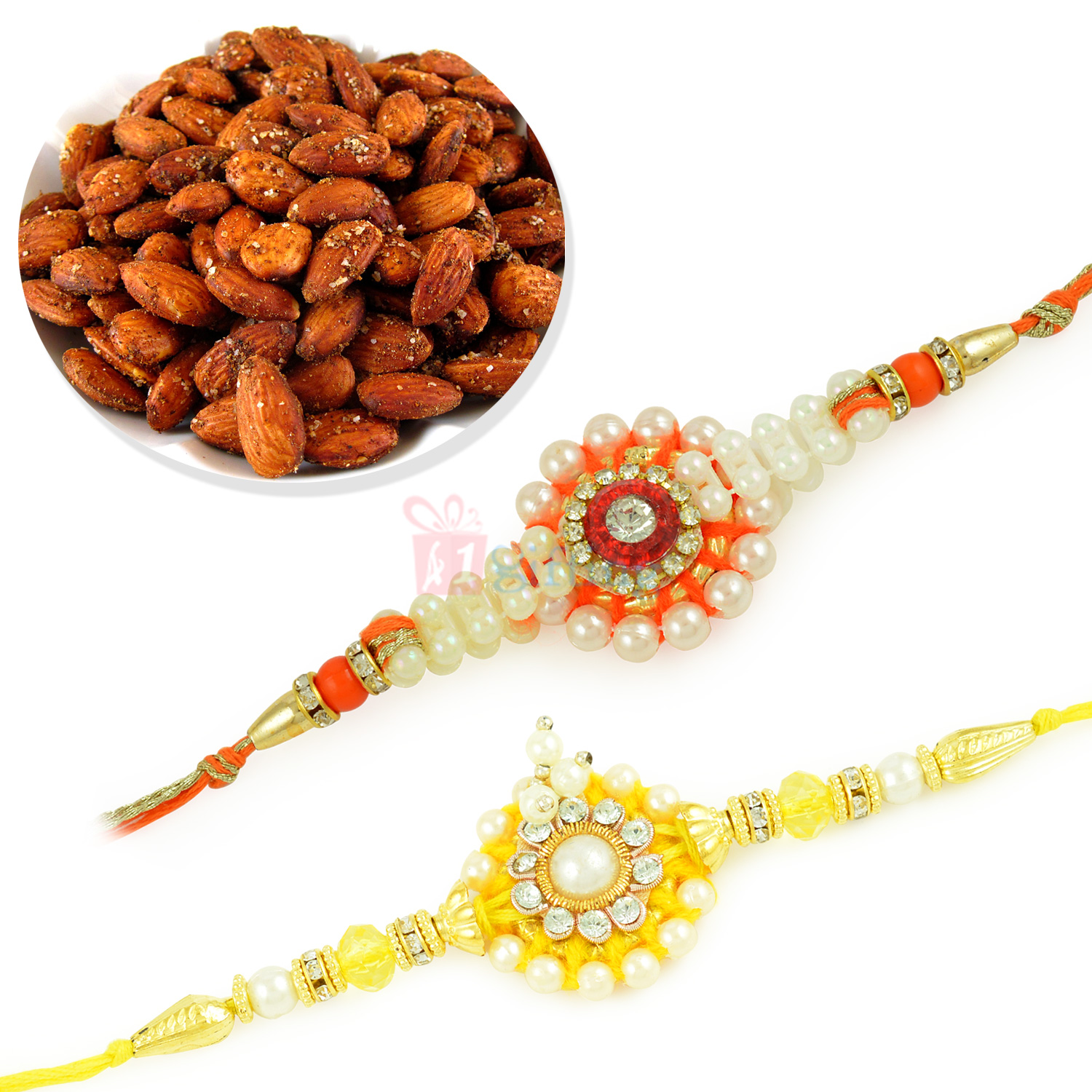 Roasted Almonds and Pearl Designer Rakhi Set of 2 Rakhis