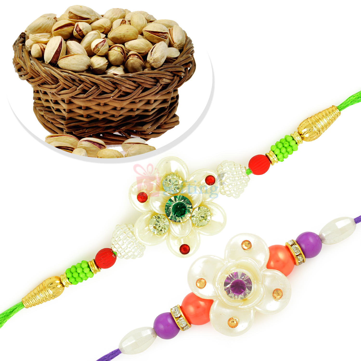 Beads and Pearl 2 Rakhi Set with Healthy Pista Dryfruits