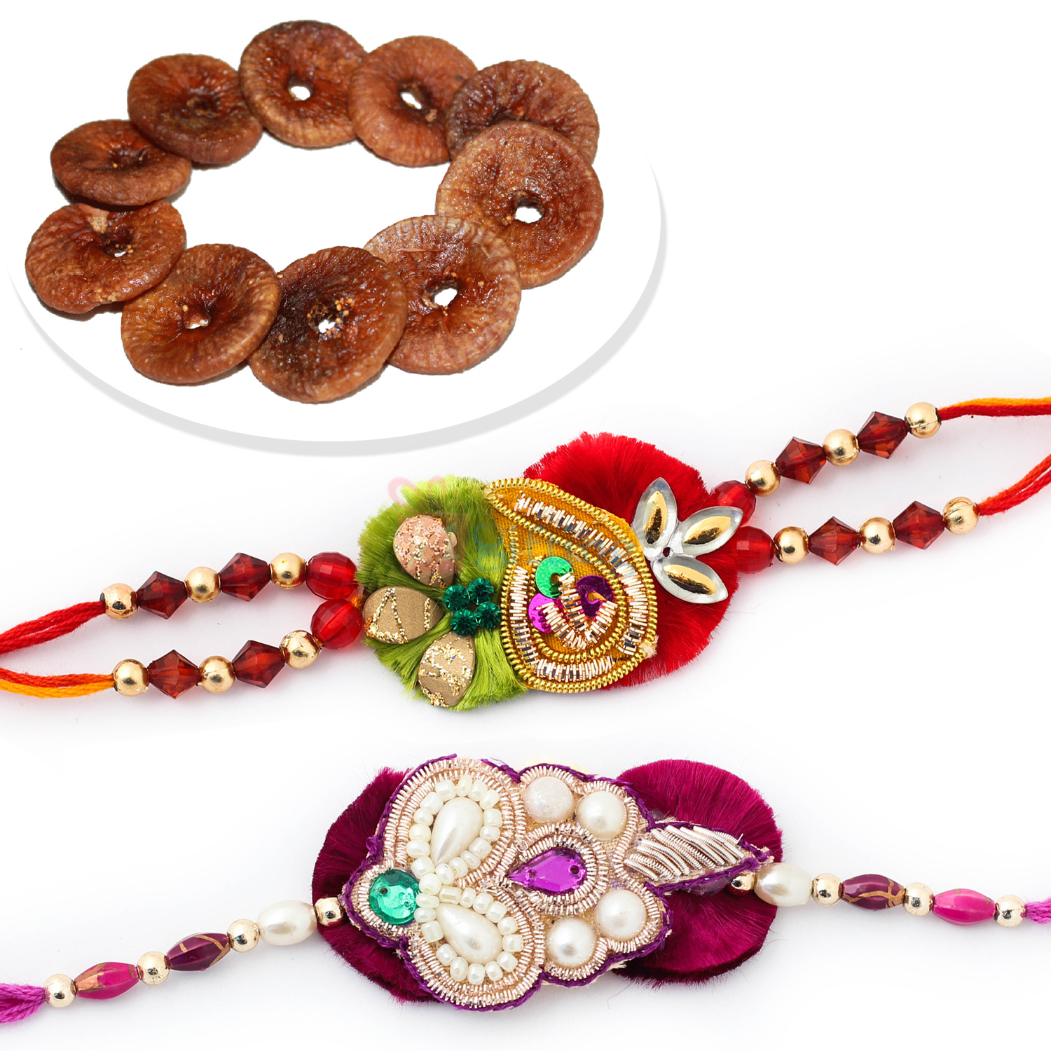 Floral Zari Worked 2 Rakhi Set with Dry Figs Dryfruits