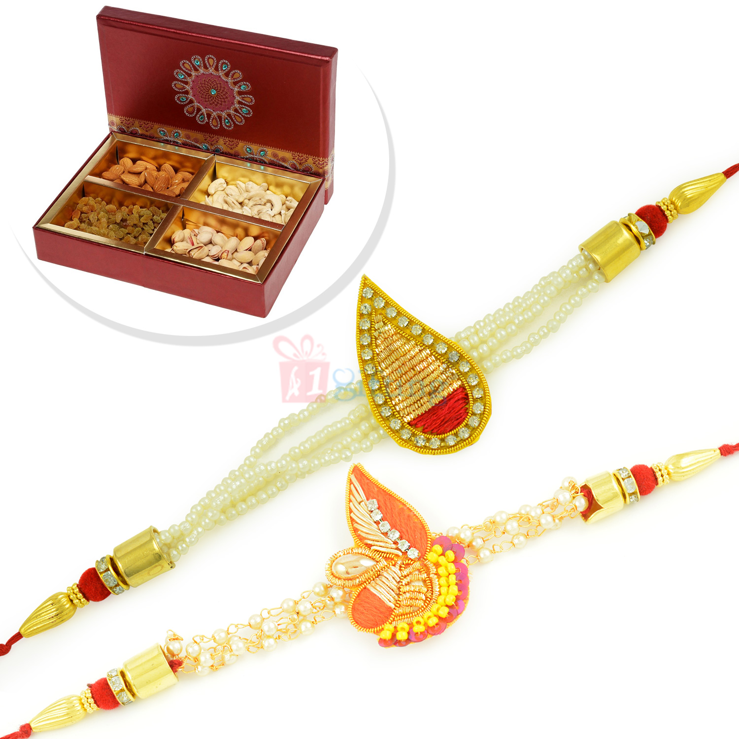 Awesome Zari Worked Traditional 2 Rakhi with 4 type Dryfruits