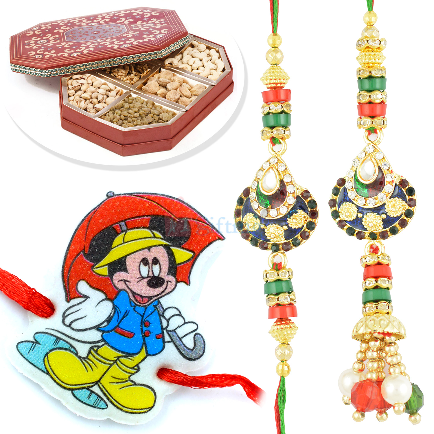 Antique Look Pair and Mickey Mouse Kids Rakhi with 6 type Dryfruits