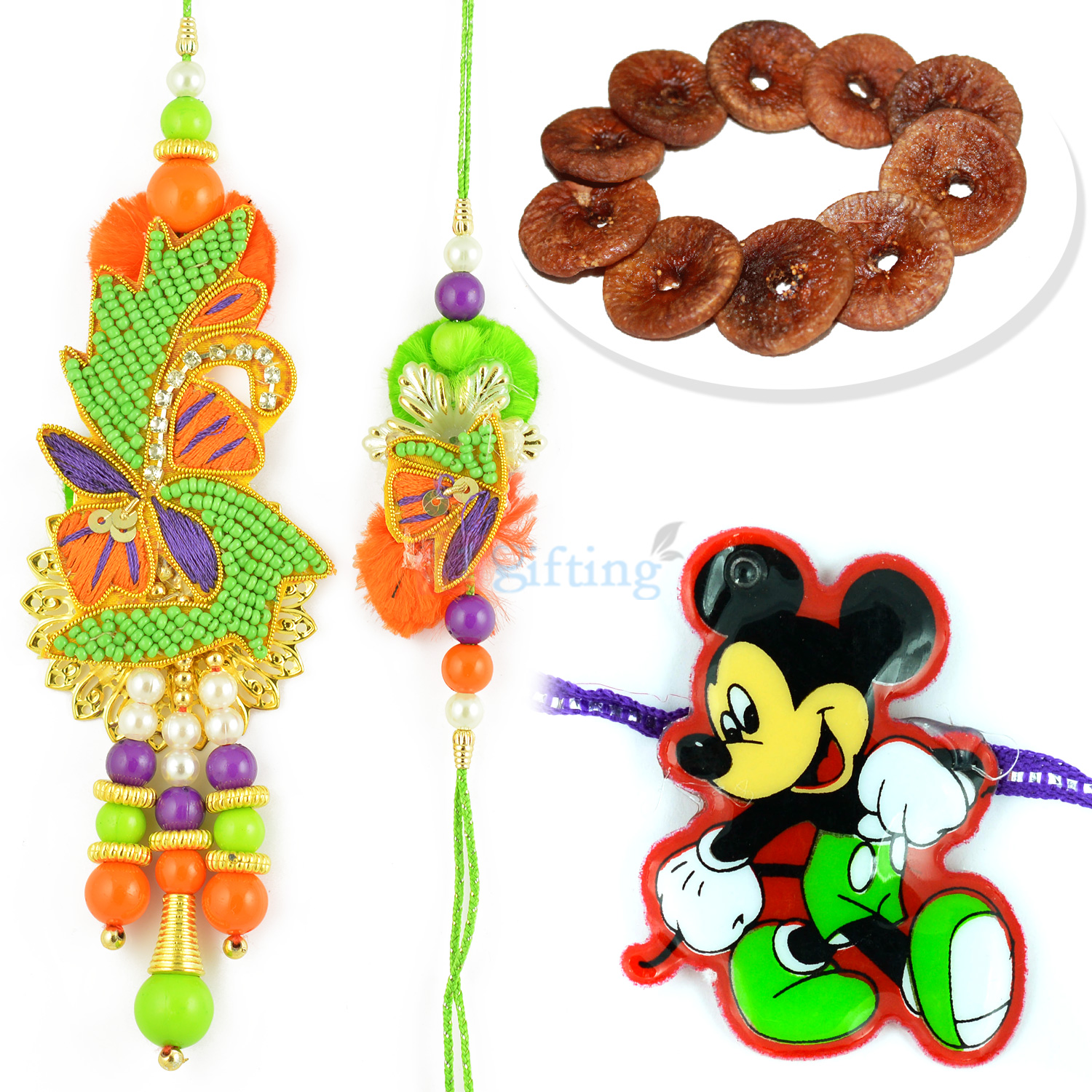 Beautiful Beads Pair and Micky Mouse Kids Rakhi with Dry Figs