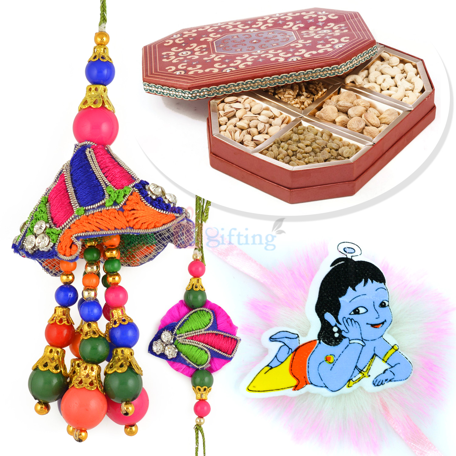 Multi Color Beads Pair and Kanha Kids Rakhi with 6 type Dryfruits